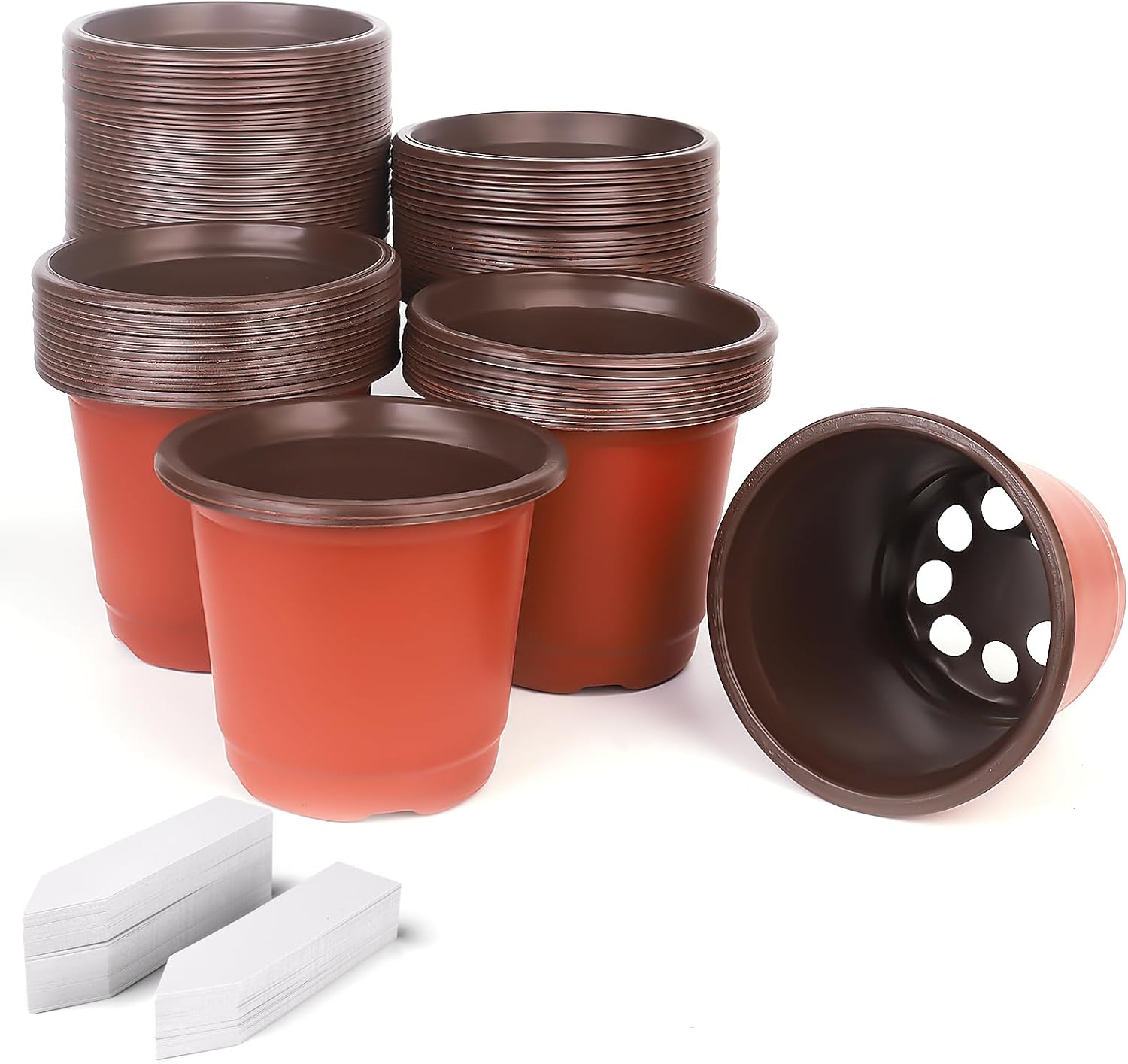 Plant Nursery Pots 100 Pcs, 4 Inch Small Plant Seedling Pots with Labels Seed Starting Pots with Drainage Holes, Plastic Plant Nursery Pots for Succulent Transplanting, Red