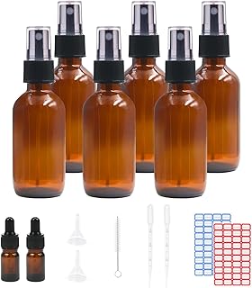 6Pcs Amber Boston Glass Spray Bottles for Essential Oils, 2oz Empty Small Fine Mist Spray Bottle with 5ml Dropper Bottles, Funnel, Pipette, Labels,Brush Travel Spray Bottle (60ml, Amber)