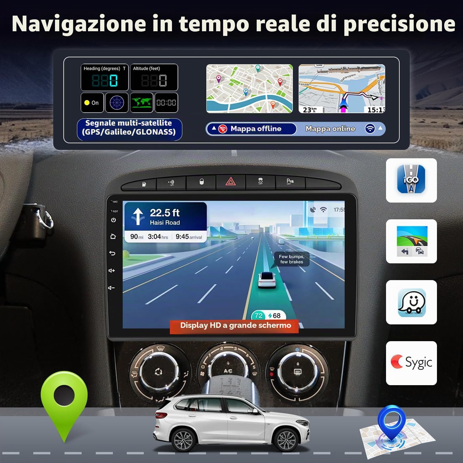 Autoradio 8 Core 6+128GB per Peugeot 308 408 2007–2015, Stereo Android Touchscreen con CarPlay Wireless, GPS WiFi DSP HiFi, Plug & Play Radio + Telecamera Posteriore