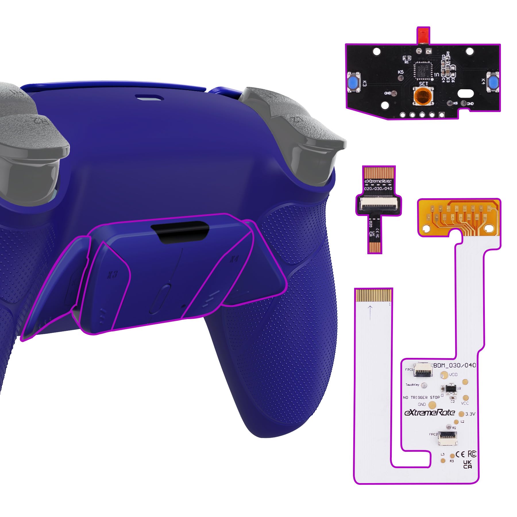 Not a controller, Plastic RISE4 V3 Solid Color Back Remap Kit with Rubber Grip for eXtremeRate PS5 Controller (BDM-030 & BDM-040 & BDM-050) with Upgrade Board & Backshell Rubber Grip for PS5