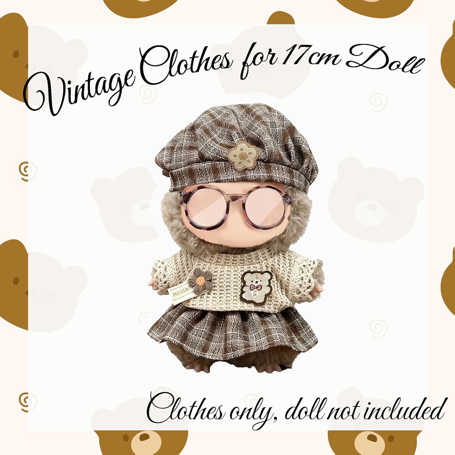 Asix Toy Compatible with Labubu 6-Piece Vintage Outfit Set for 17cm Doll, Brown Fashion Clothes with Hat, Top, Dress, Glasses, Shoes, Bag, Doll Accessories Only for Display and Play