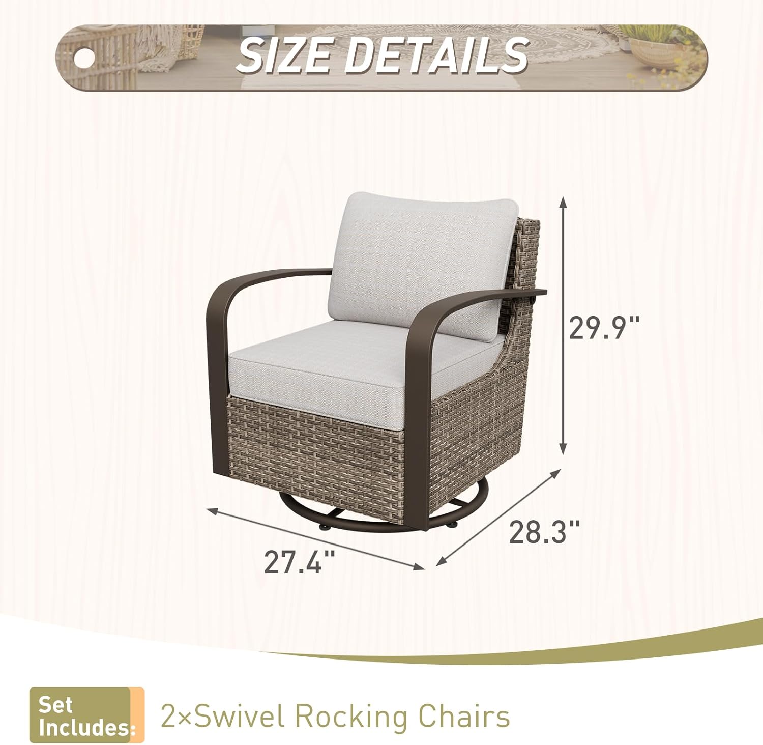 Vista Oasis Wicker Outdoor Swivel Rockers with Cushions, Patio Glider Rocking Chairs, Rattan Patio Chairs for Baclcony, Deck Porch and Garden, 2 Pieces, Beige/Beige