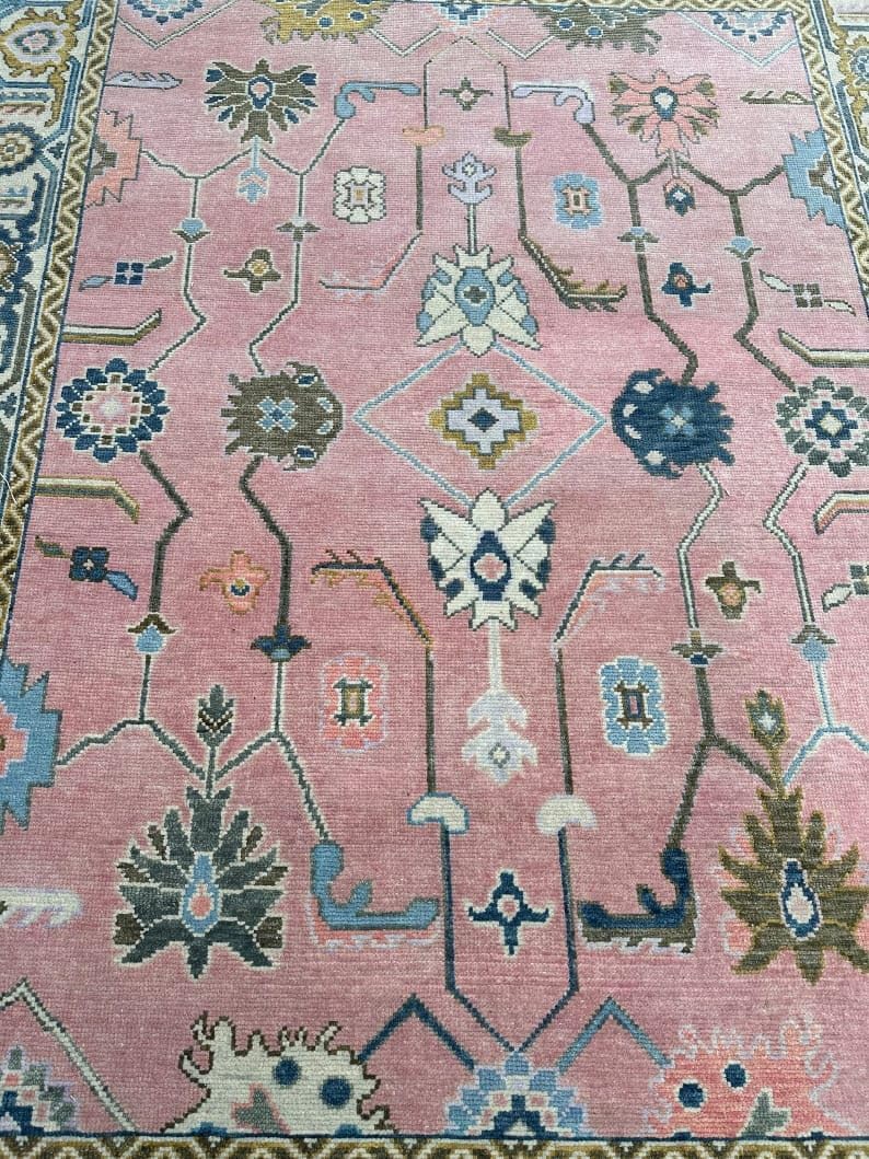 Vintage Persian Style Area Rug, Pink Background, Floral Botanical Pattern, Blue Green Gold Accents