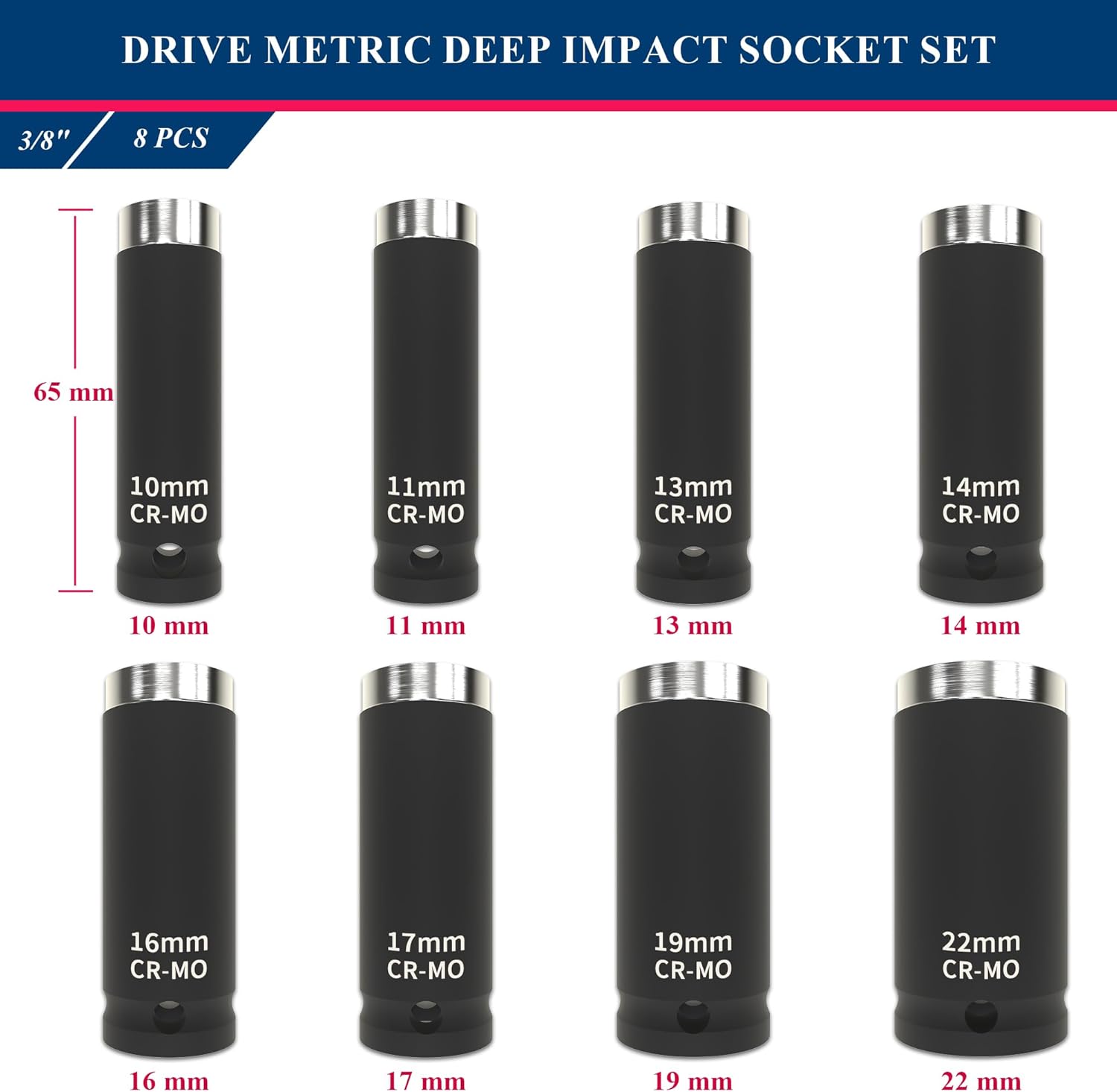 PRIDE&CRAFT 3/8" Drive Metric Deep Socket Set，Including 8PCS Impact Sockets in Metric Sizes (10/11/13/14/16/17/19/22 mm) with Steel Box