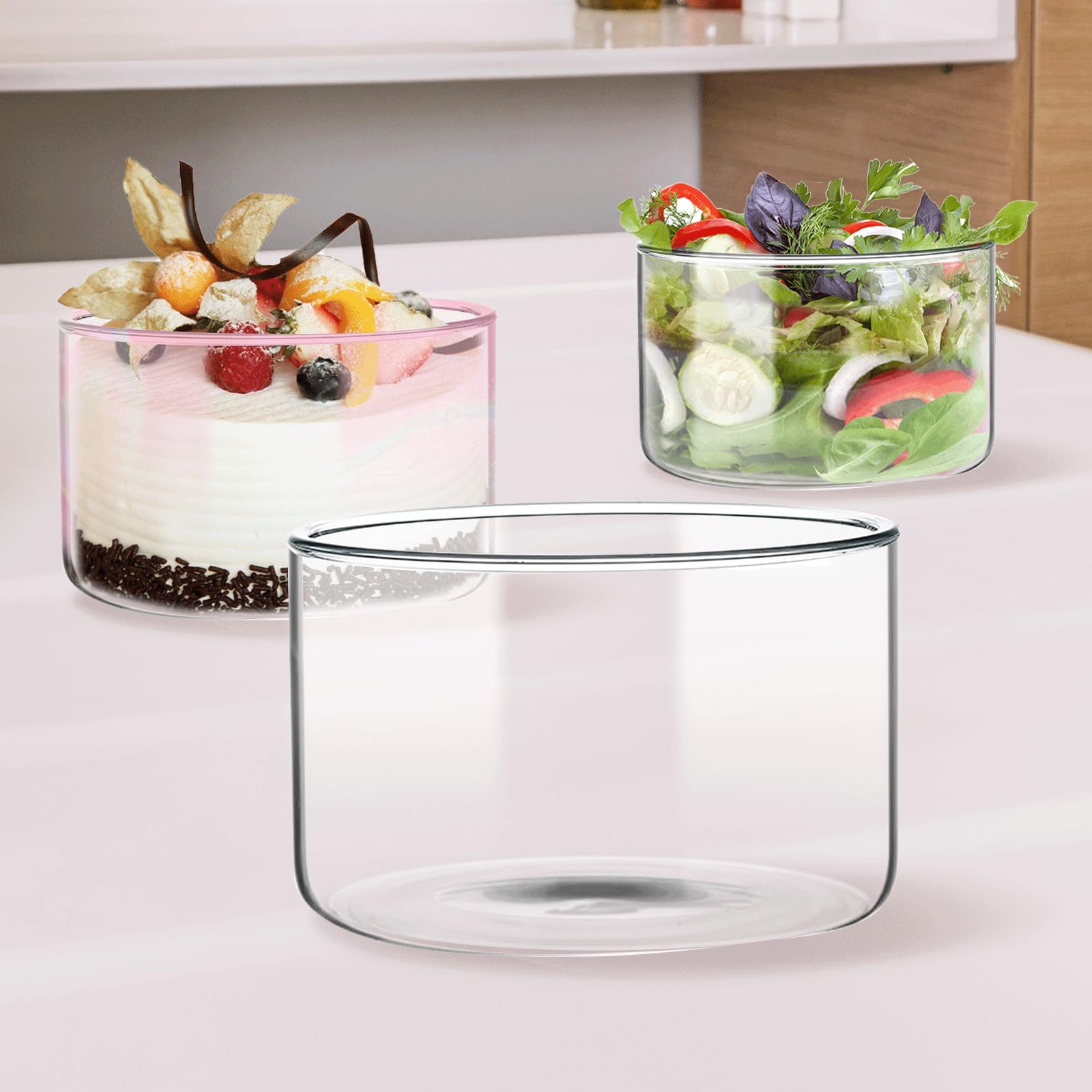 WodGod Hochwertige Glasschale mit Deckel (3,5 l), perfekt für Desserts, Salate und Lebensmittelaufbewahrung, stilvoller, klarer, runder Glasbehälter mit luftdichtem Deckel