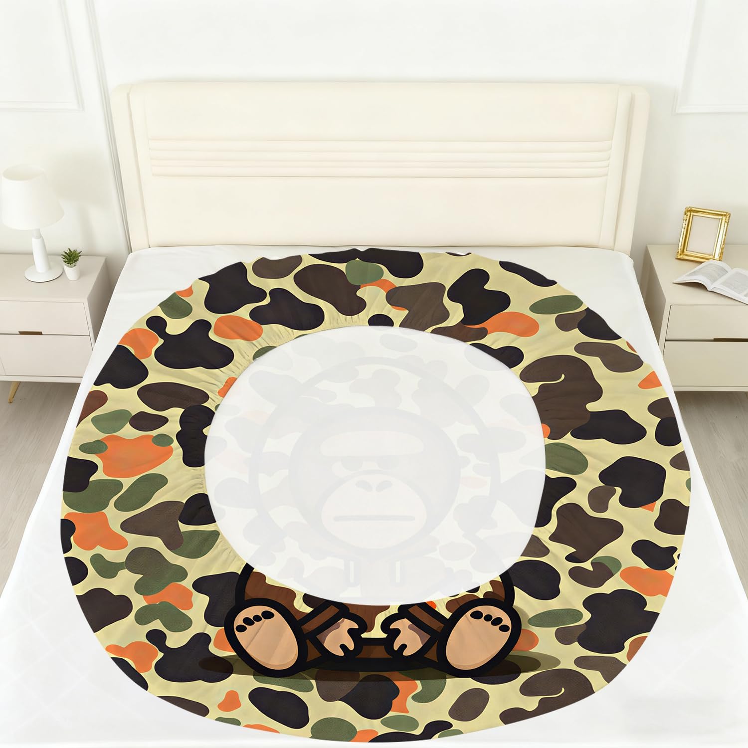 Camo Monkey Sheet Set Queen Size for Boys Men Bedroom Camouflage Fitted Sheet Set Streetwear Style Bed Sheets Cartoon Gorilla Bedspread 1 Fitted Sheet + 1 Flat Sheet + 2 Pillowcases