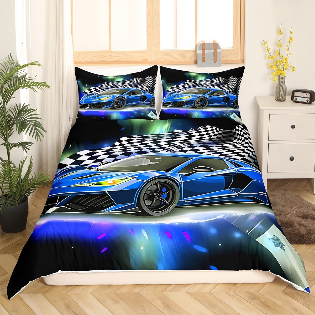 Homemissing Blau Rennauto Bettwäsche Set Schwarz Weiß Lattice Bettwäsche 135x200cm für Kinder Jungs Mädchen Zimmer Dekor Sportwagen Bettbezug Set Modern Auto Bettdeckenbezug 2Stück Reißverschluss