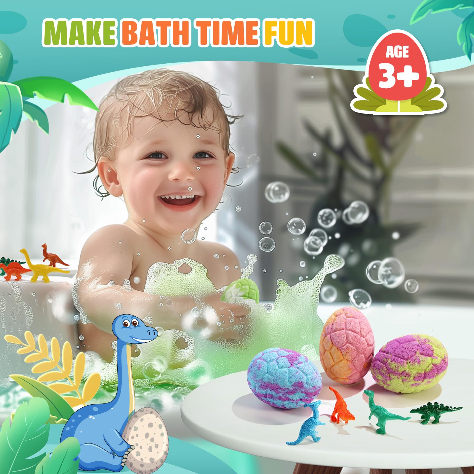 Qivatex Bombas de baño para niños con juguetes de dinosaurio en el interior, paquete de 9 bombas de baño de dinosaurio orgánico, juego de regalo de baño de burbujas