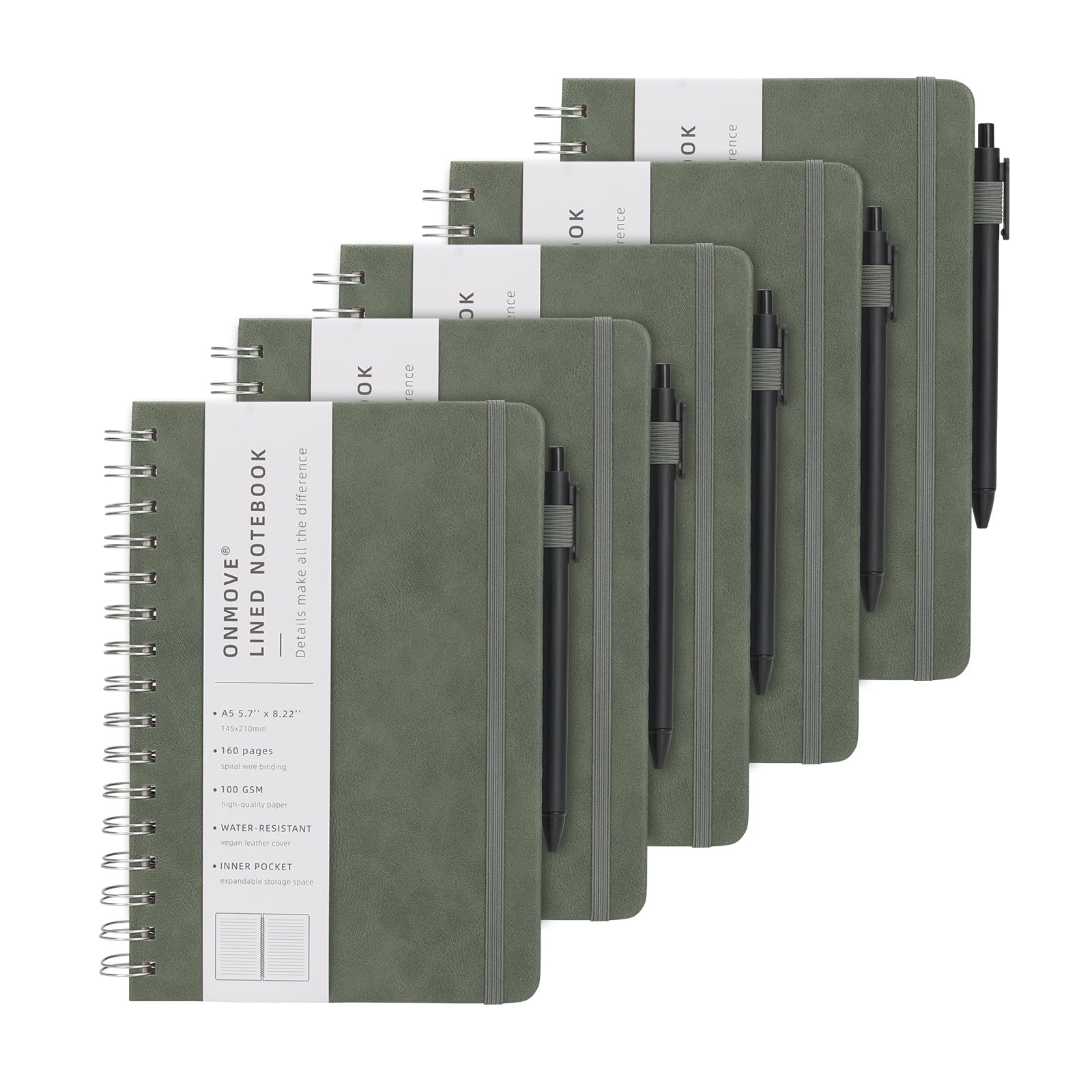 OnMove Spiral Notebooks Journal for Women Men 5 Pack Bulk Leather Hardcover with Pen Holder A5 160 Pages 100 GSM Thick Paper for Work School (Green)