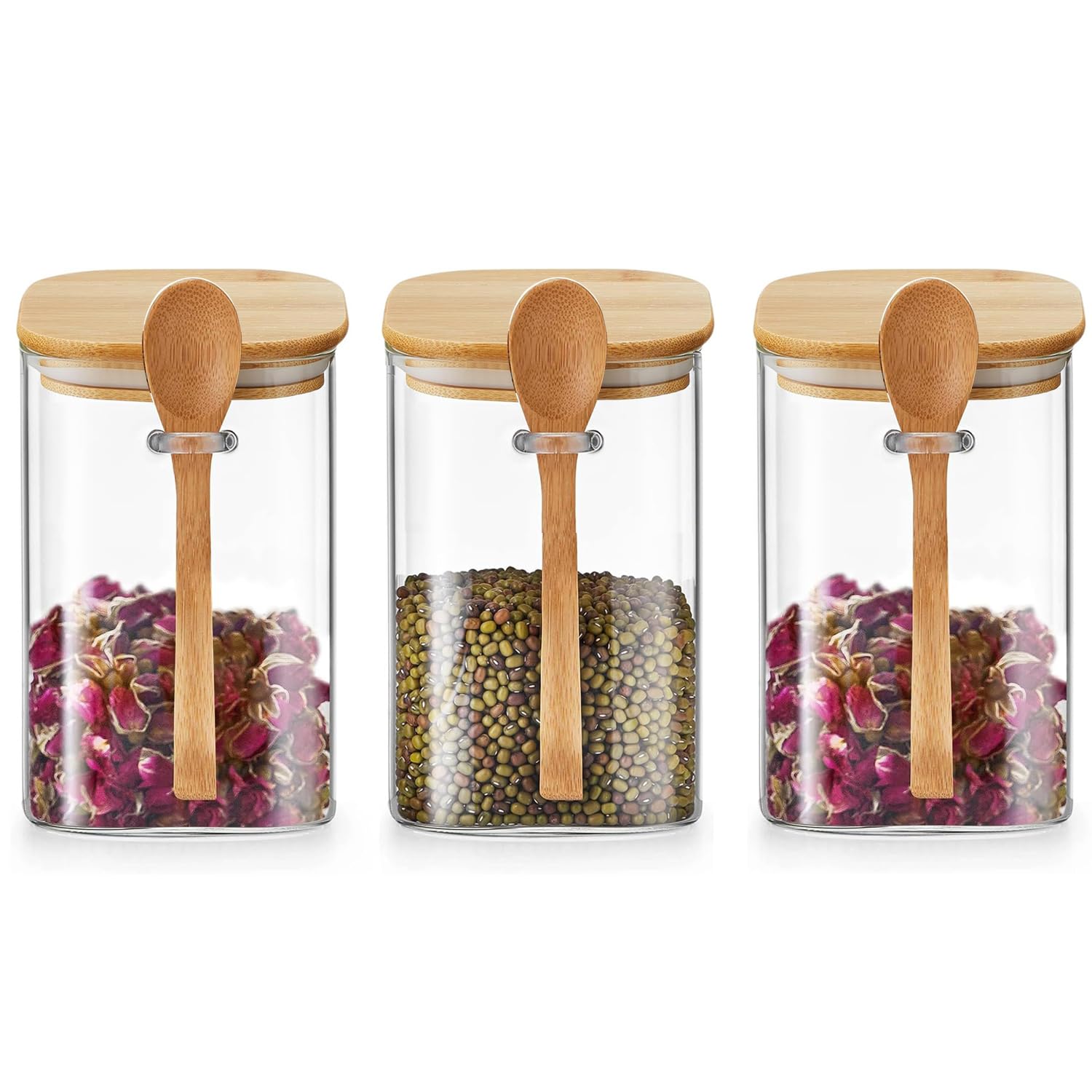MUMOO BEAR Glass Storage Jar Square Glass Canister 3pcs Airtight Glass Jars with Bamboo Lids and Spoon for Food Snack, Candy, Nut, Coffee, Sugar, Honey, Beans and Spice (1000ML * 3)