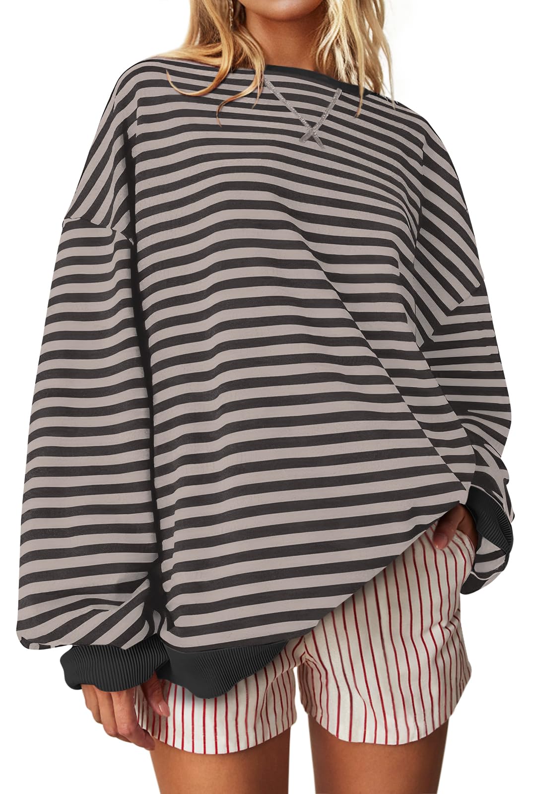 Damska oversize bluza UEU w paski z okrągłym dekoltem, długim rękawem i kolorowymi blokami, casualowy, luźny pulower do ćwiczeń i na co dzień.