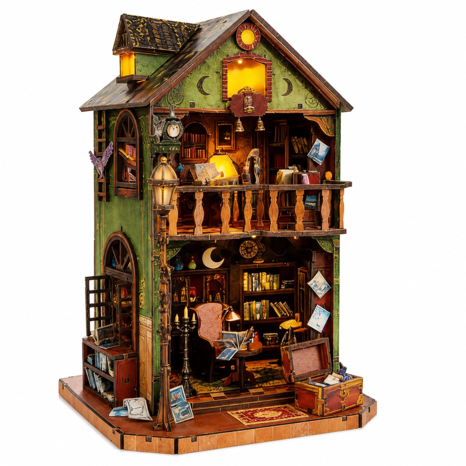 GOOGO Book Nook Kit, Miniature House Kit with LED Light, DIY Book Nook for Adults, 3D Puzzle Bookend for Bookshelf Decoration, Creative Gift for Crafts Lovers (Owl Library)