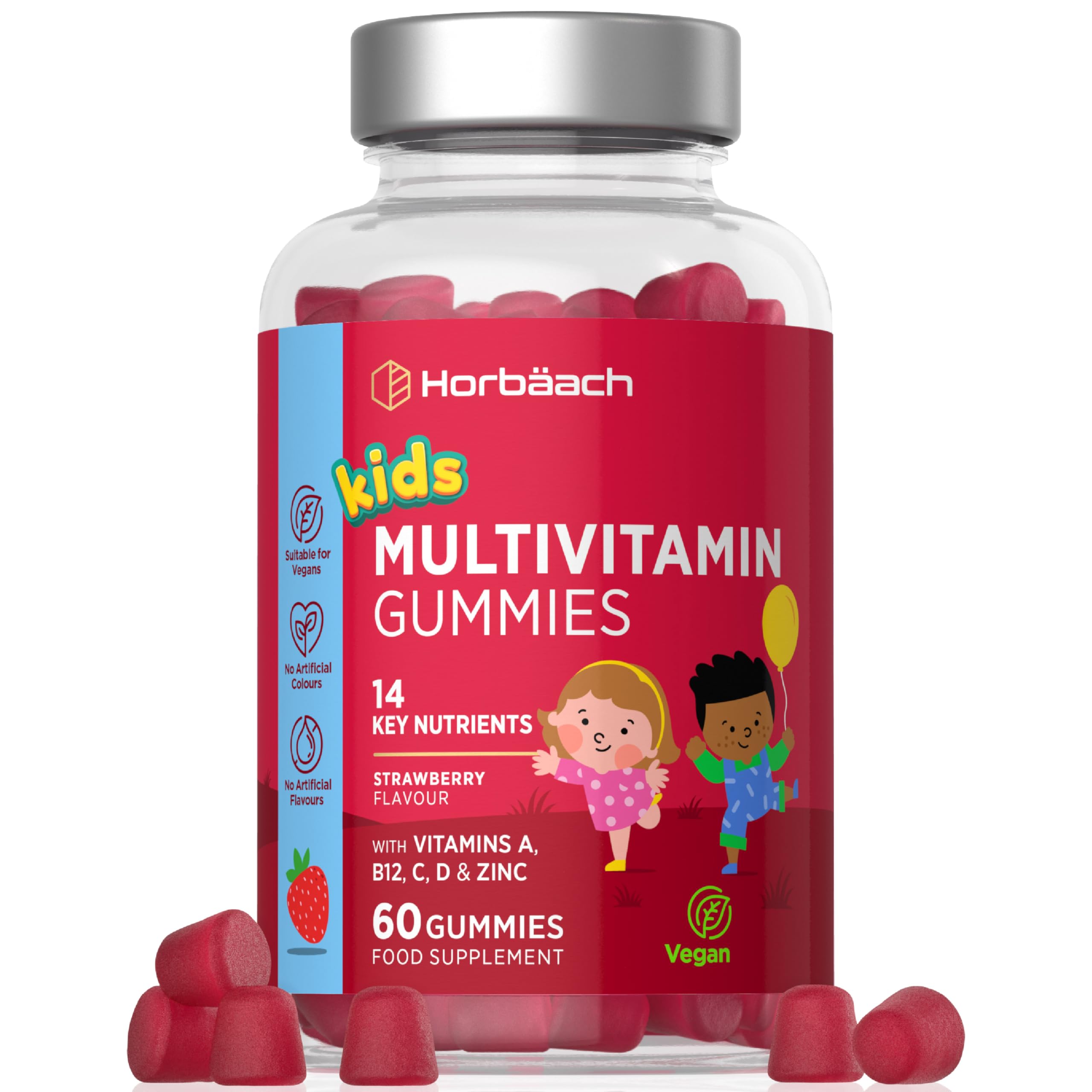 Kids Multivitamin Gummies | 60 Count (2 Months Supply) | 14 Essential A-Z Nutrients | with Vitamin A, B12, C, D & Zinc | Strawberry Flavour | Vegan Gummy Supplement for Ages 4+| by Horbaach