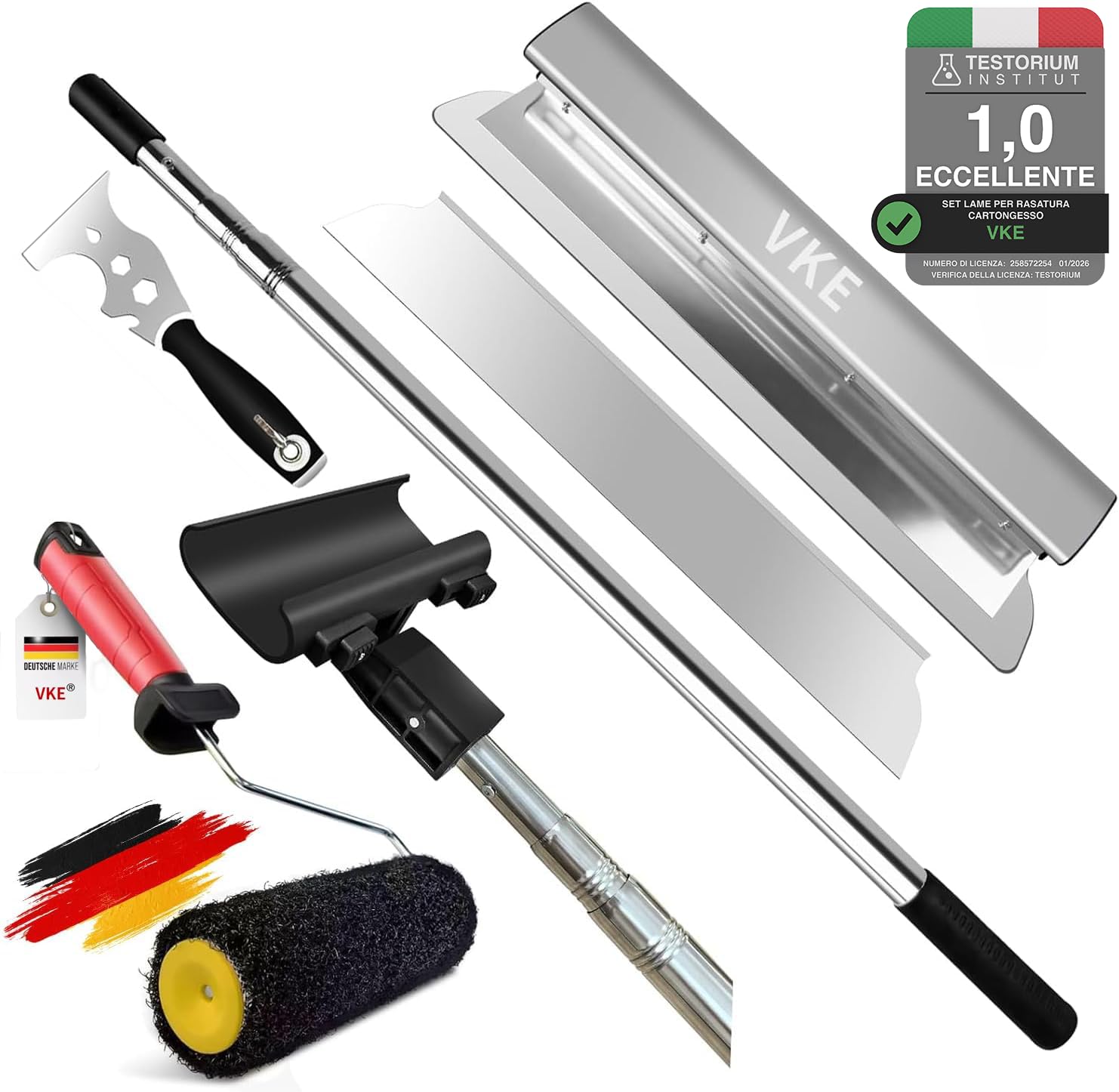 VKE Spatola per Stucco Professionale, kit Spatole con asta Telescopica | Kit 6 Attrezzi, Lama 60cm Dritta e Angolare, Impugnatura Ergonomica per Pareti e Soffitti