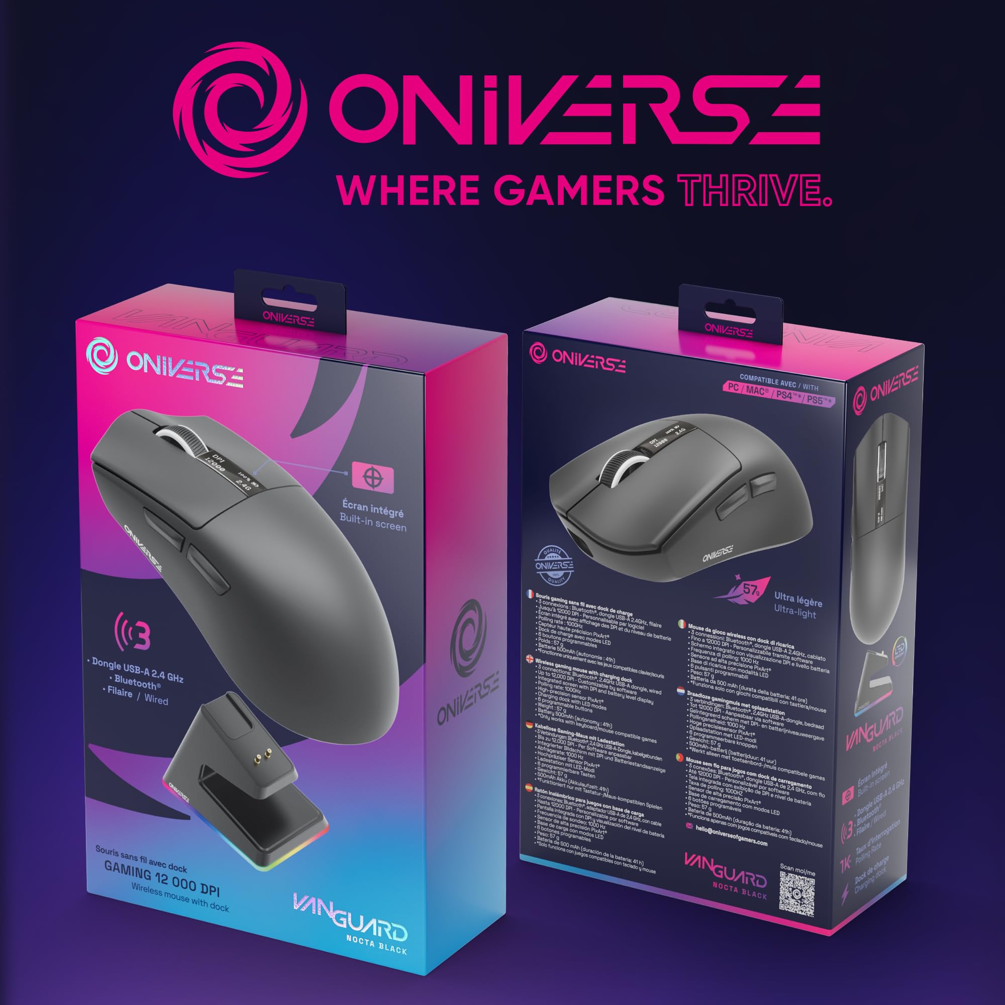Mouse gamer wireless con dock di ricarica - Sensore PixArt 12.000 DPI, 3 modalità di connessione (2.4G/Bluetooth/cablato), display integrato, Polling rate 1000 Hz, per PC/Mac/PS5/PS4