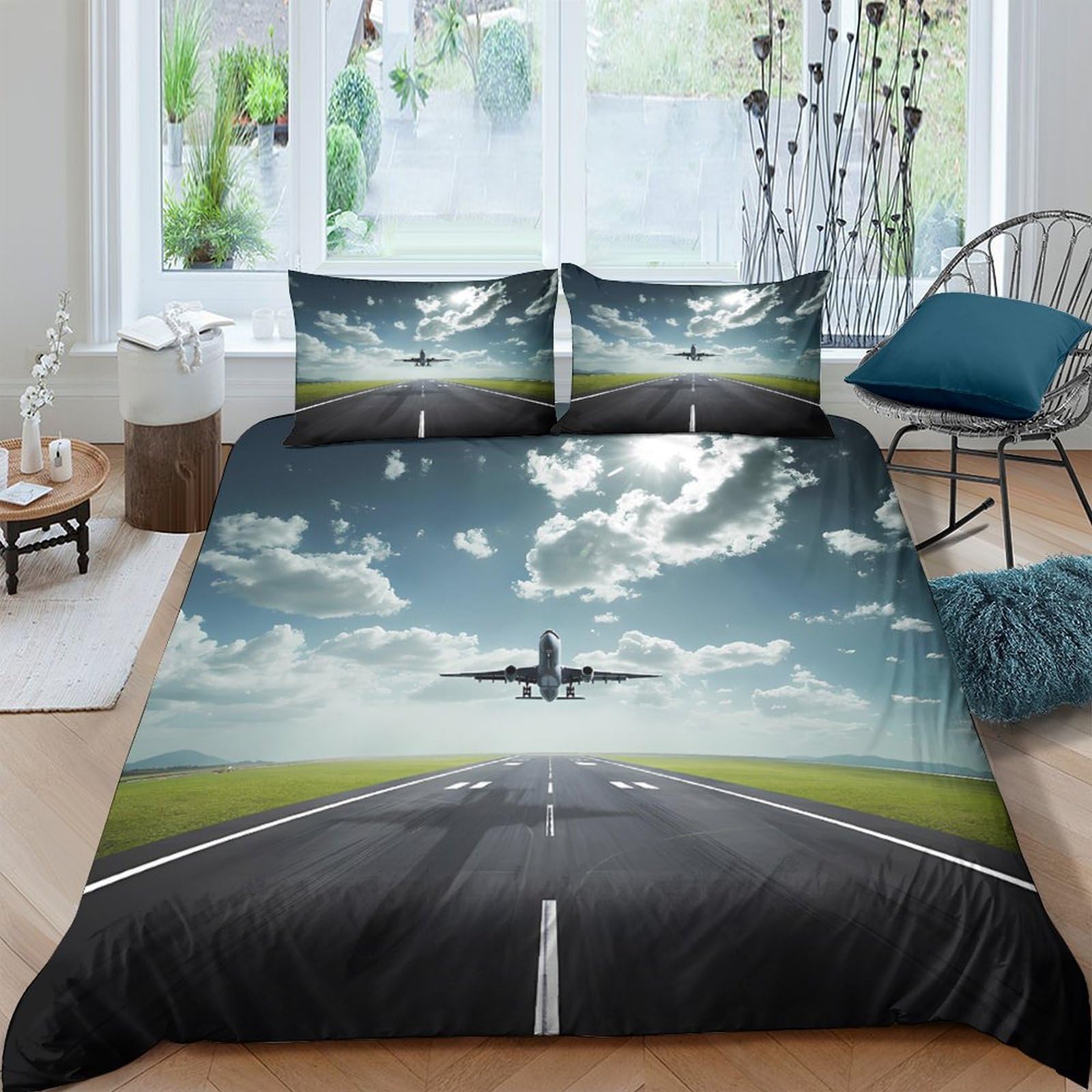 GPLZQXKJNH 3D Printed Airplane Runway Duvet Cover Microfiber Soft Breathable Sky Clouds Bedding Set with 2 Pillowcases for Bedroom Decor Single（135x200cm）