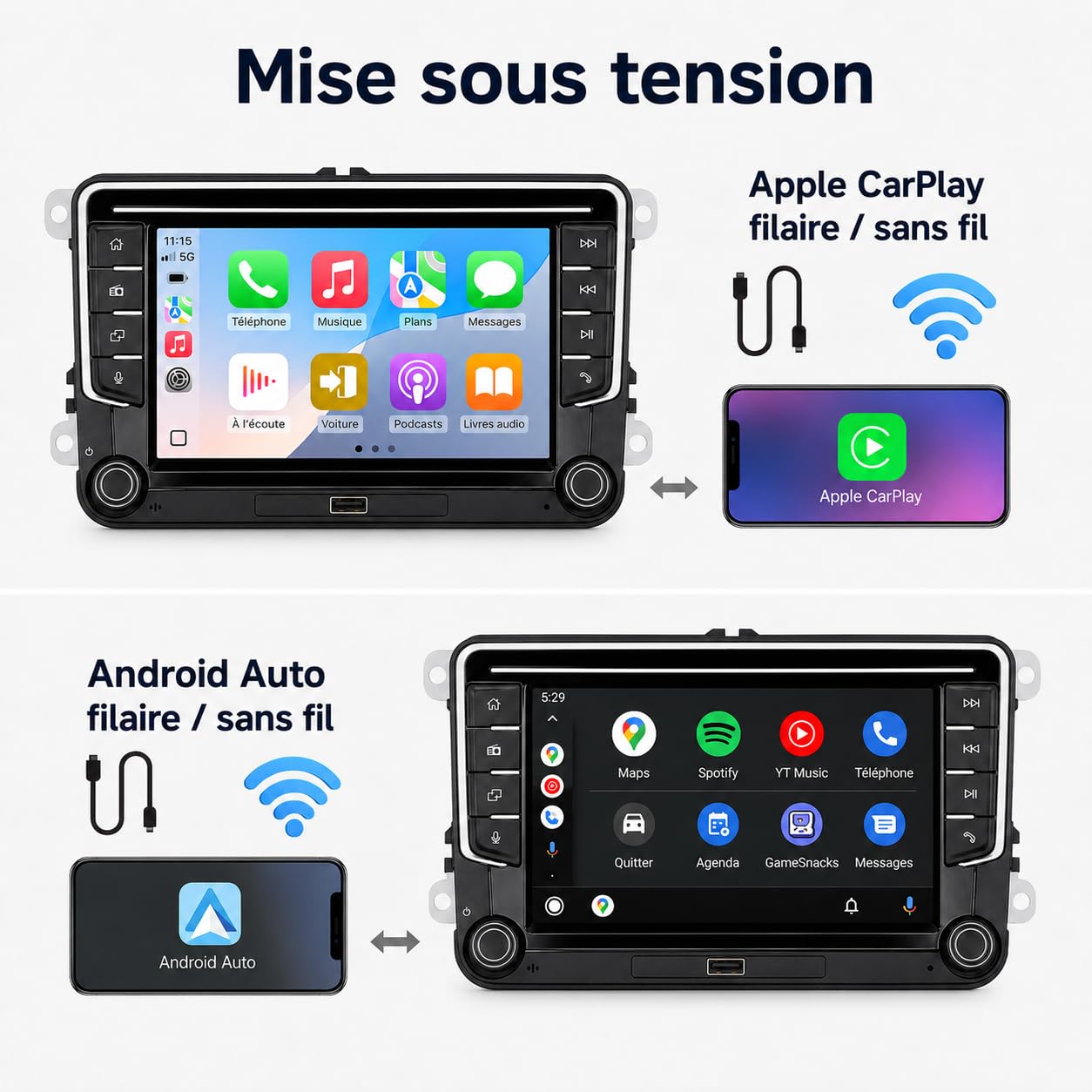 YZKONG Autoradio Linux à connecteur spécial pour VW Golf 5, Golf 6, T5, Polo 6R, Passat | CarPlay/Android Auto sans Fil/Bluetooth/FM/AM/RDS/USB HiFi 100W