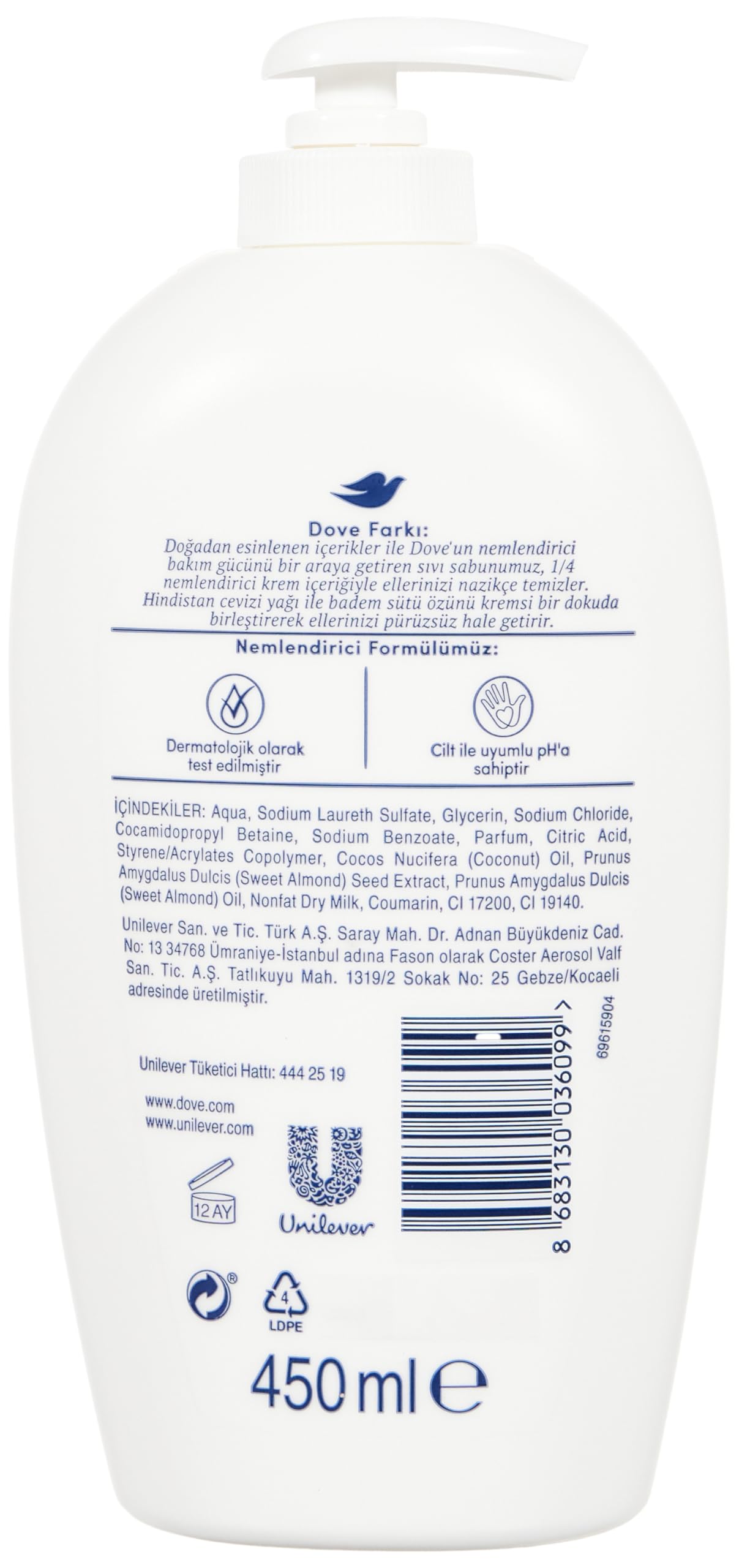Dove Nemlendirici Sıvı Sabun Hindistan Cevizi Yağı ve Badem Sütü Özlü (450ml) (3 paketi)