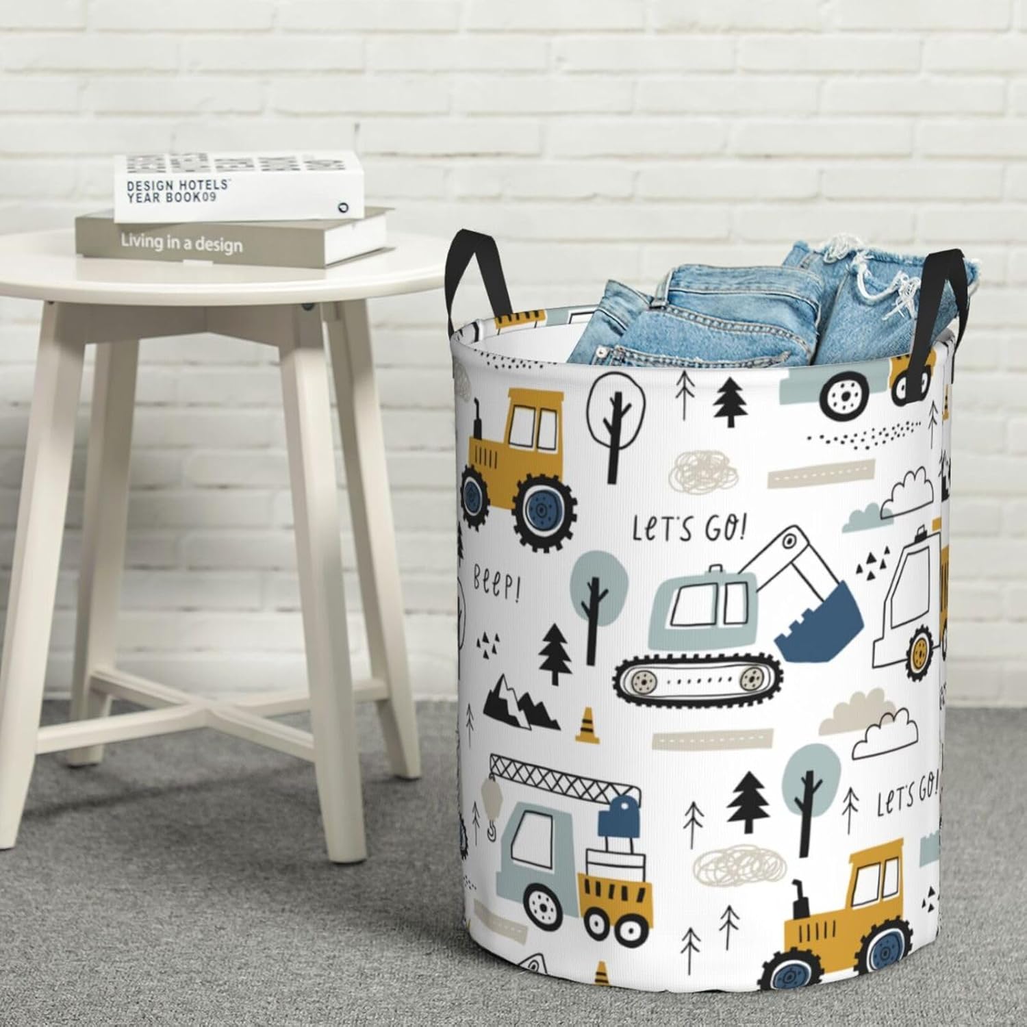 Cartoon Excavator Tractors Laundry Basket Round Laundry Hamper with Handles Waterproof Oxford Fabric Collapsible Dirty Clothes Storage Bucket Gift Storage Basket for Bedroom Dorm Living Room Nursery
