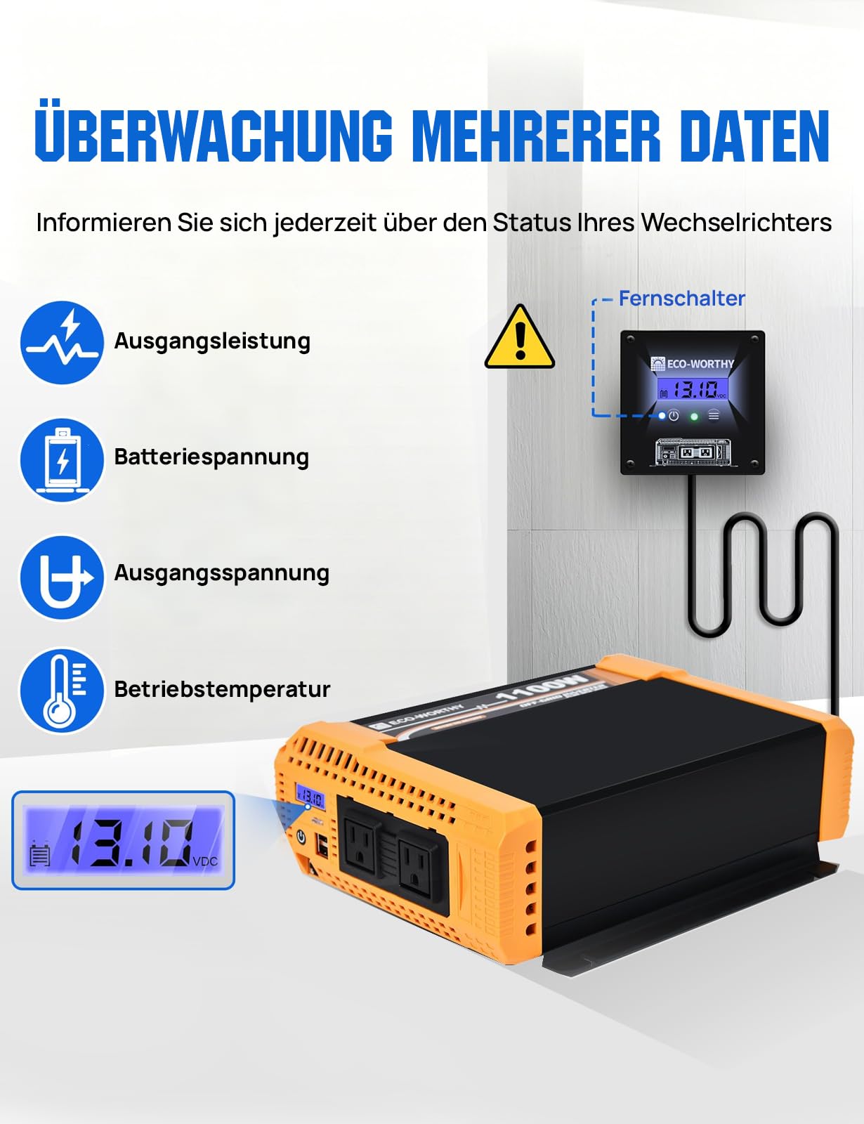 ECO-WORTHY 1,6 kWh solaranlage komplettset mit 12V 100AH LiFePO4 Batterie + 4 Stücke 100W Solarpanel + 40A Laderegler Bluetooth + 1100W Wechselrichter, Solaranlage Komplettset für Dach Haus Balkon Gar