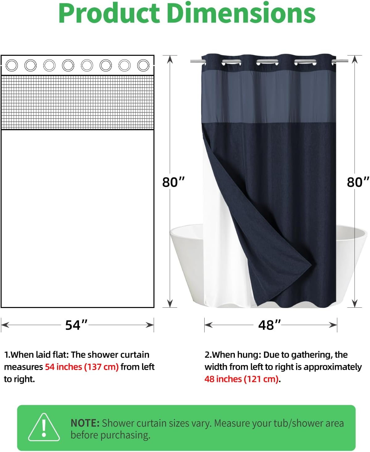 Stall No Hooks Needed Linen Textured Shower Curtain with Snap-in Fabric Liner Set,Hotel Luxury Decor Farmhouse Shower Curtains for Bathroom,Waterproof & Washable,54Wx80H,Navy Blue