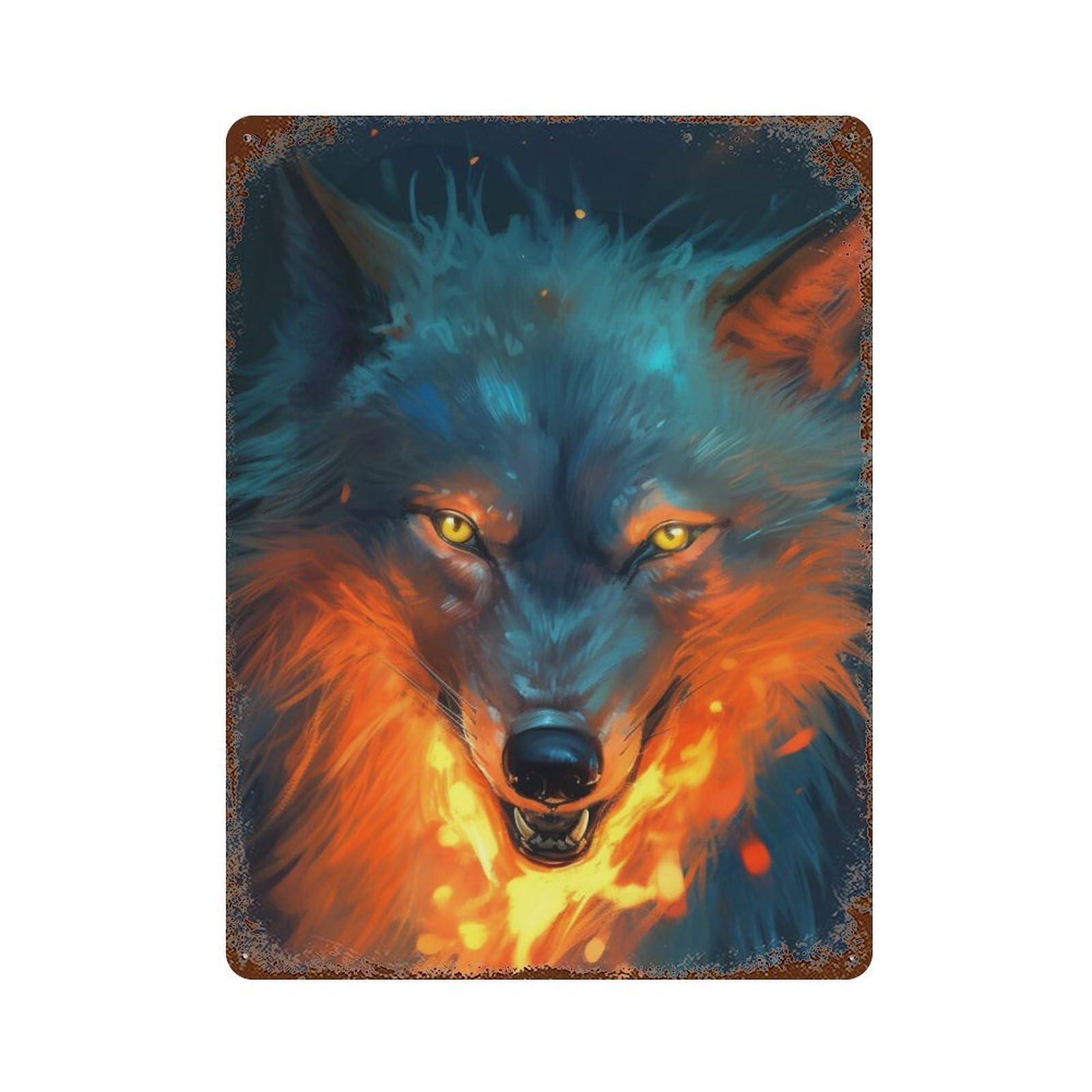 Flaming Wolf Art Print -1 15.7"x11.8" Vintage Rust Metal Sign, Decorative Metal Wall Art for Bistro, Counter And Cafe Decor