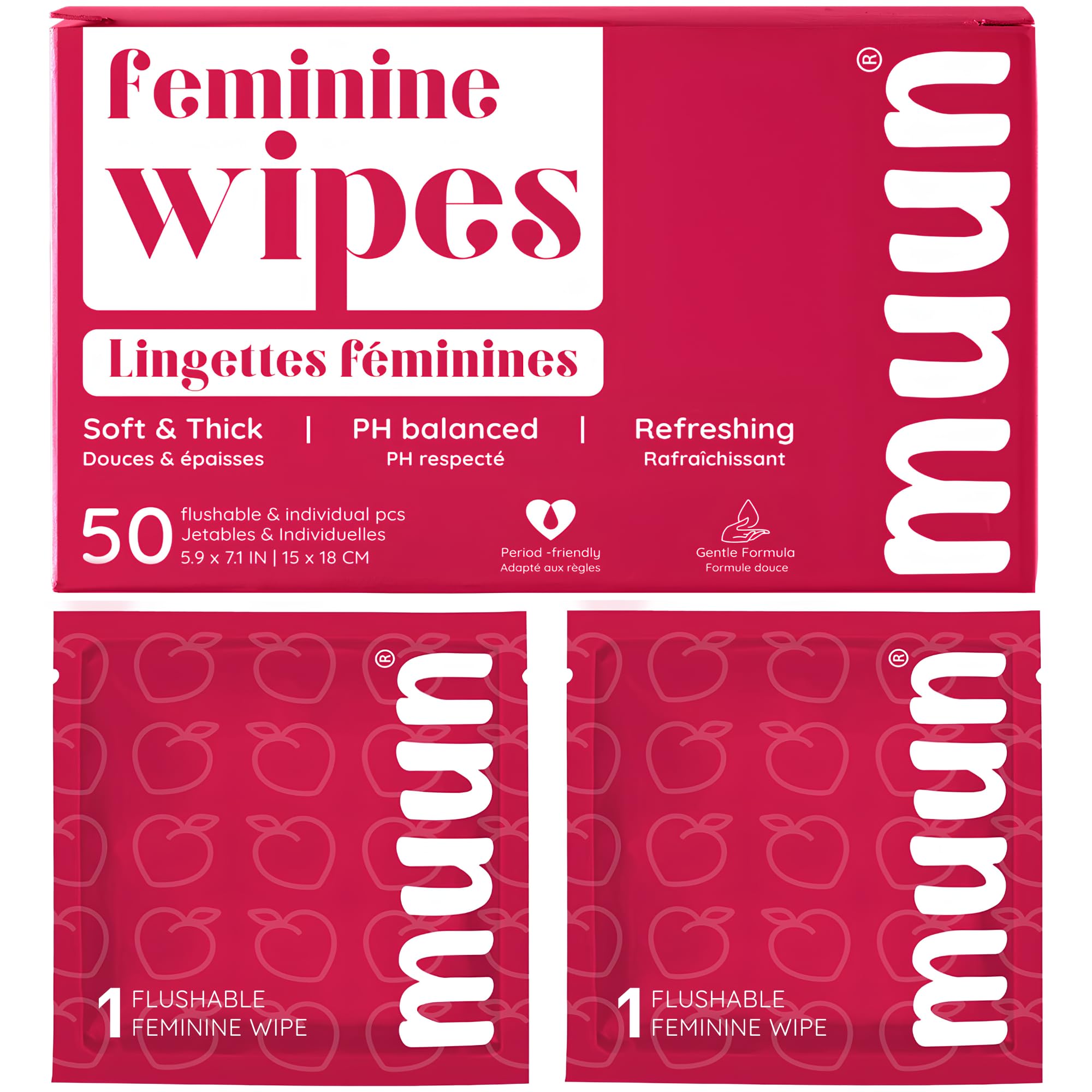 Wipes Feminine Fresh Reinigungstücher, spülbar, einzeln verpackt, feminine Reinigungstücher, reisefreundlich, pH-ausgewogen (50 Stück)