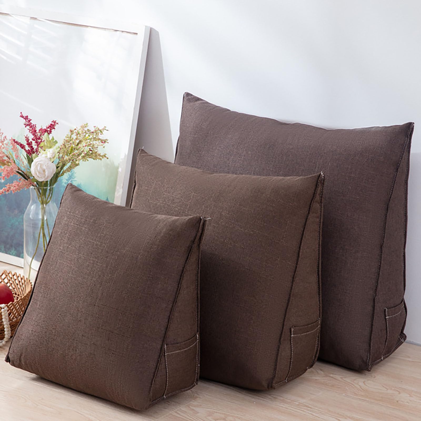 Cojín ortopédico para la espalda, 40/47/60 cm, almohada triangular de lectura para cama/sofá, funda extraíble lavable, bolsillo lateral, color café, ideal para mayor comodidad y apoyo, 60 x 50 x 20 cm