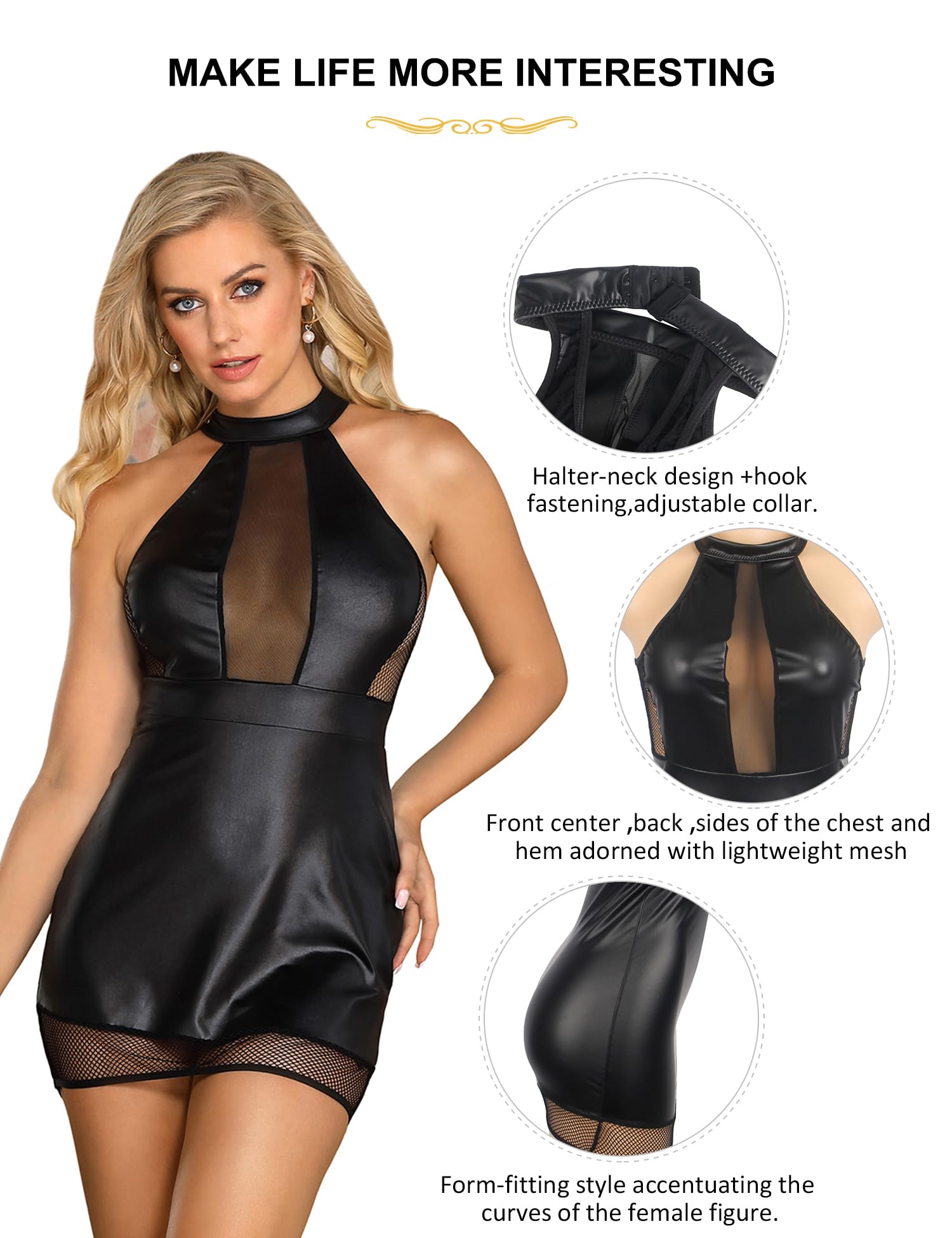 Negligee Bodycon Dress in pelle PU effetto bagnato, senza maniche, per clubwear Lingerie aderente al collo, da donna, babydoll sexy, per donne paffute, taglie S-2XL, nero