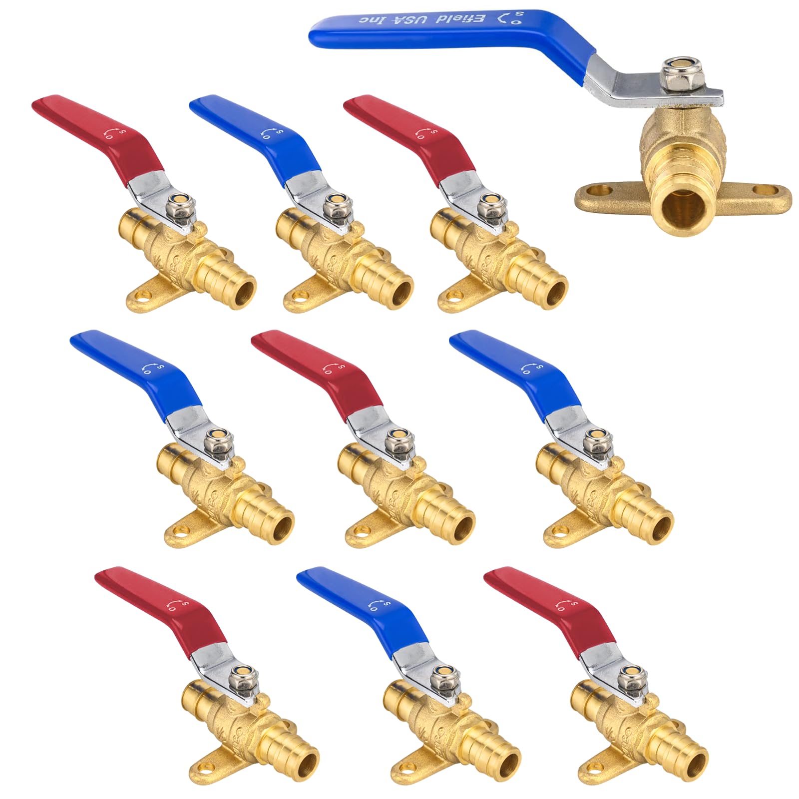 HeSun 10 PCs 1/2 Inch PEX A Expansion Ball Valve with Drop Ear,Brass Shut Off Valve Fit PEX A Expansion Pipe, ASTM F1960, Red&Blue