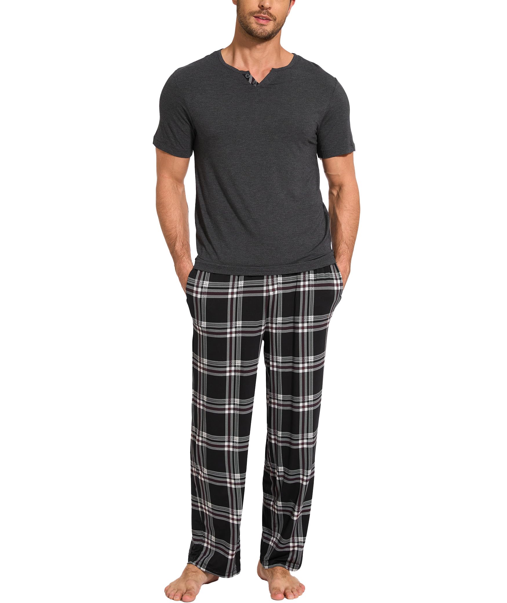 gys Men's Pajamas Set Short Sleeve Sleepwear Soft Pjs Top with Pants Cool Loungewear Set,Viscose Made from Bamboo-picture-13