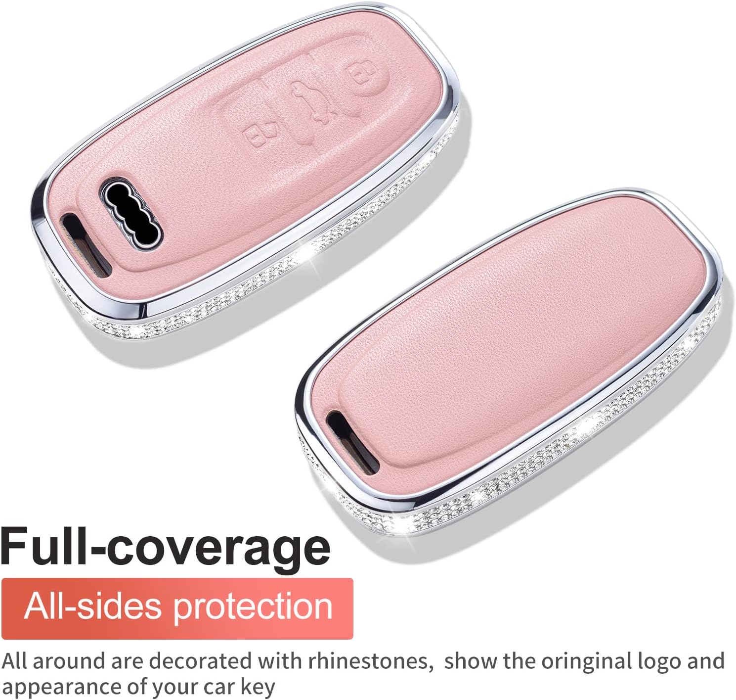 for Audi Key Fob Cover with Keychain, Genuine Leather Crystal Full Protection Key Case Shell Compatible with R8 Q5 Q7 S3 S4 S5 S6 S7 S8 SQ5 RS5 RS7 A4 A5 A6 A7 A8 Smart Key-Pink