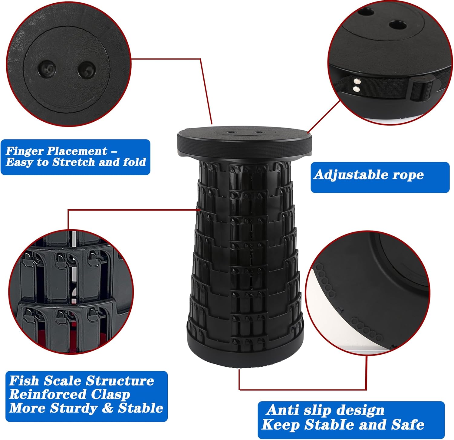 2pcs Folding Stool Collapsible Stool for Adults Portable Stools Foldable Sturdy Versatile Telescoping Ideal for Camping Fishing Hiking BBQ and Outdoor Adventure (Holds up to 440lbs Black)