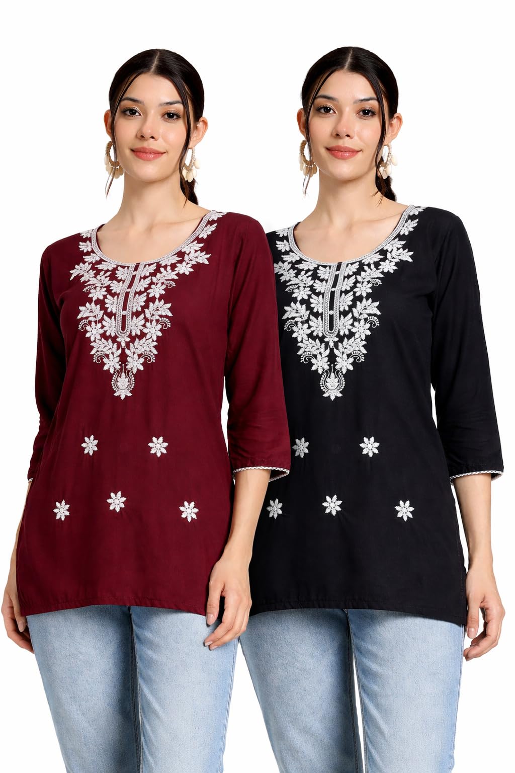 Wrangler Women's Rayon Cotton Short Kurti with Traditional Embroidery | 3/4 Sleeve Round Neck Ethnic Tunic Top for Jeans | Casual Kurta in neutral