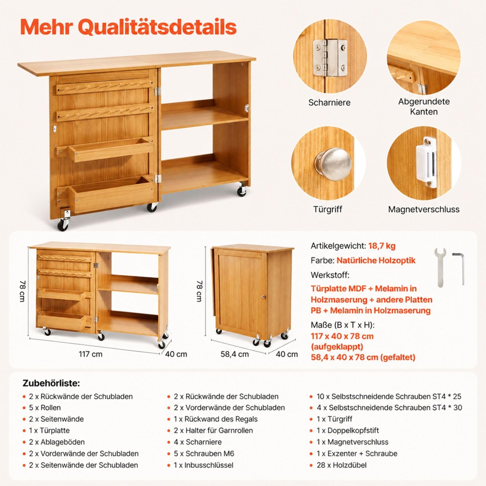 Klappbarer Nähtisch mit Rollen in Holzfarbe