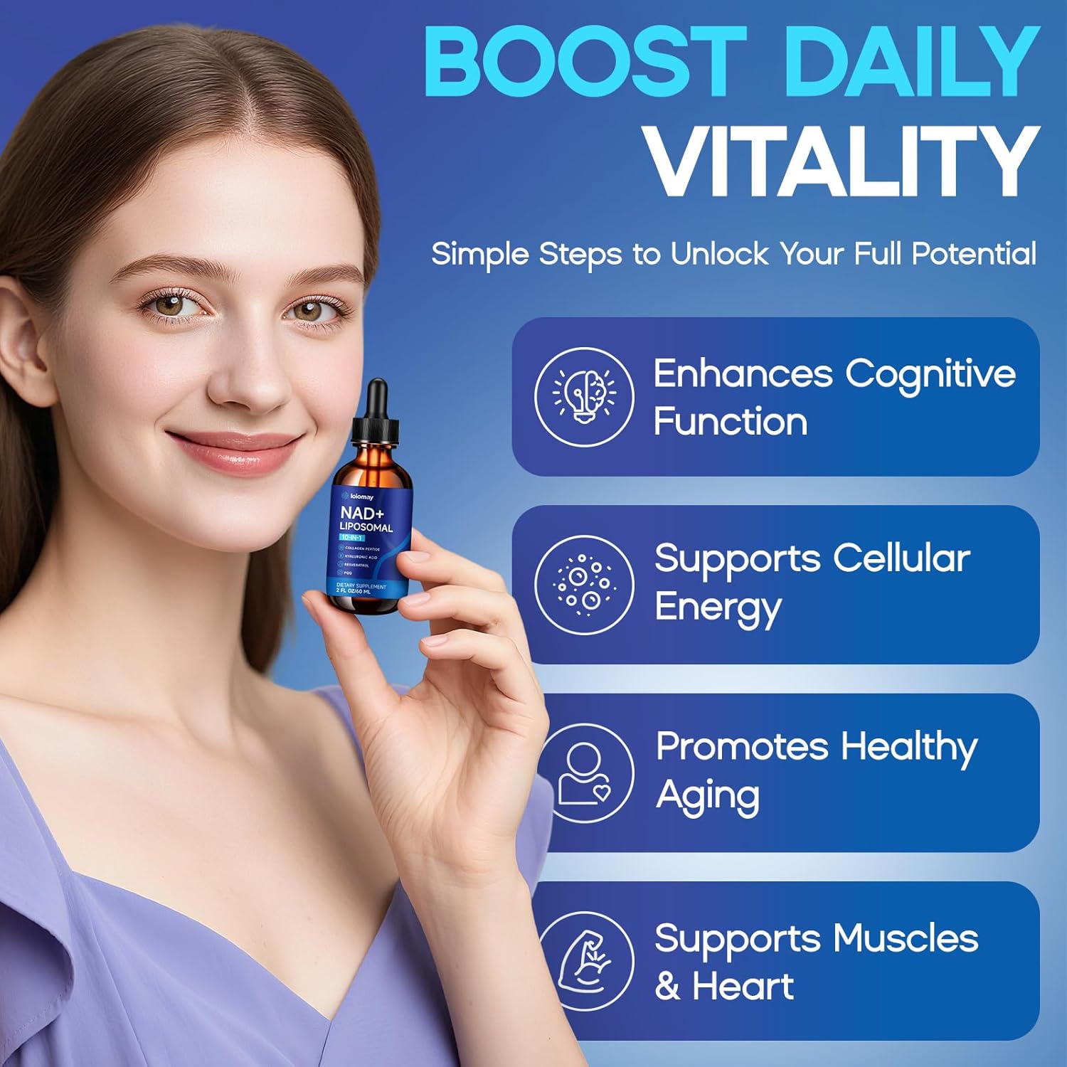 Liposomal NAD Liquid Supplement - 1500mg NAD+ Drops for Women & Men with Resveratrol & Nicotinamide Riboside, PQQ, Collagen & Turmeric for Anti-Aging & Longevity, Cellular Energy Health, 2 Fl Oz - Image 3