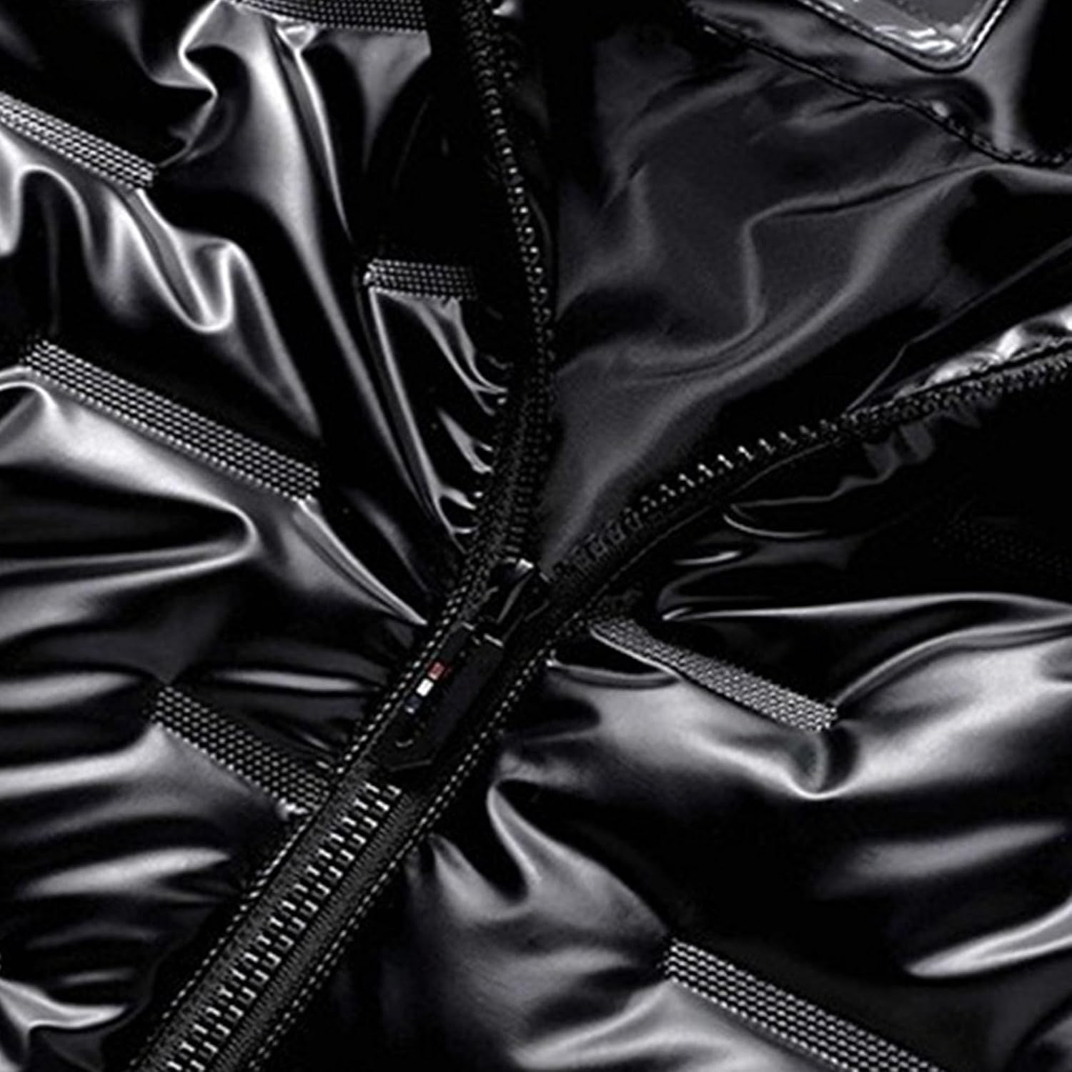 DGHM-JLMY Men's Metallic Full Zip Down Quilted Puffer Jacket Warm Plus Size Shiny Hooded Coat Glossy Padded Winter Hood Coat (Black3,4X-Large)
