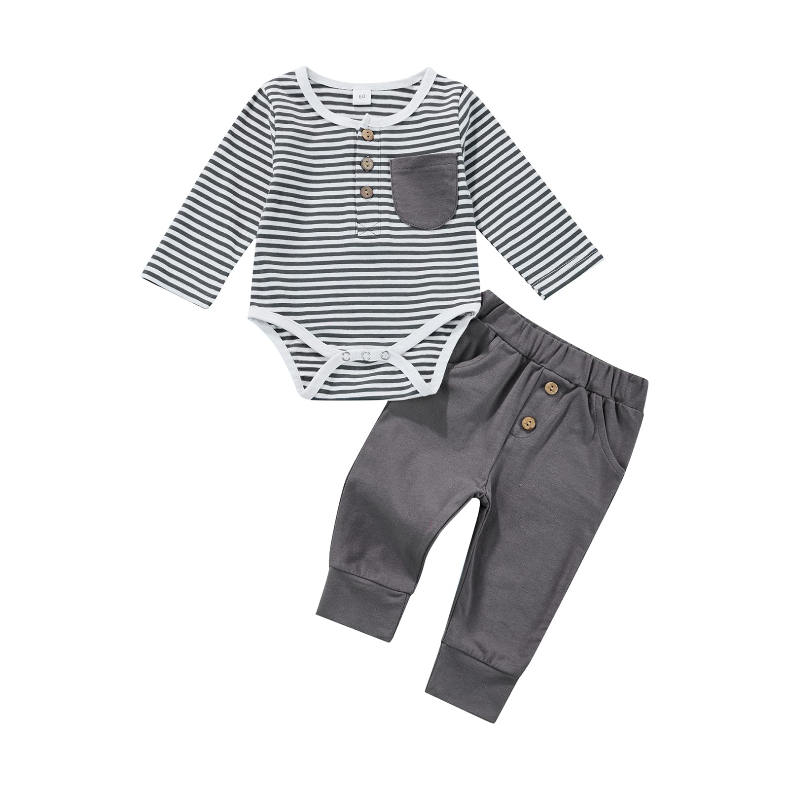 BULINGNA Newborn Baby Boy Fall Outfit Long Sleeve Striped Bodysuit Top Long Pants 2Pcs Clothes Set (Light Gray, 6-12 Months)