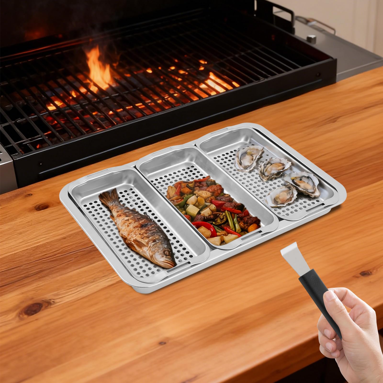 Set di ciotole per barbecue in acciaio inox, 42,2 x 28,2 x 4,3 cm, padella in acciaio inox con cestello, per cucina, terrazze, esterni