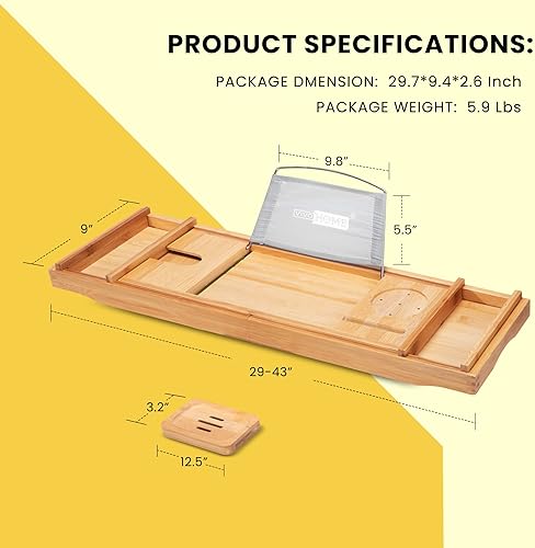 Miniatura 2 de VIVOHOME Bandeja extensible de bambú para bañera de 43 pulgadas con soportes para libros y tabletas para smartphone, bandeja para jabón, ranura para