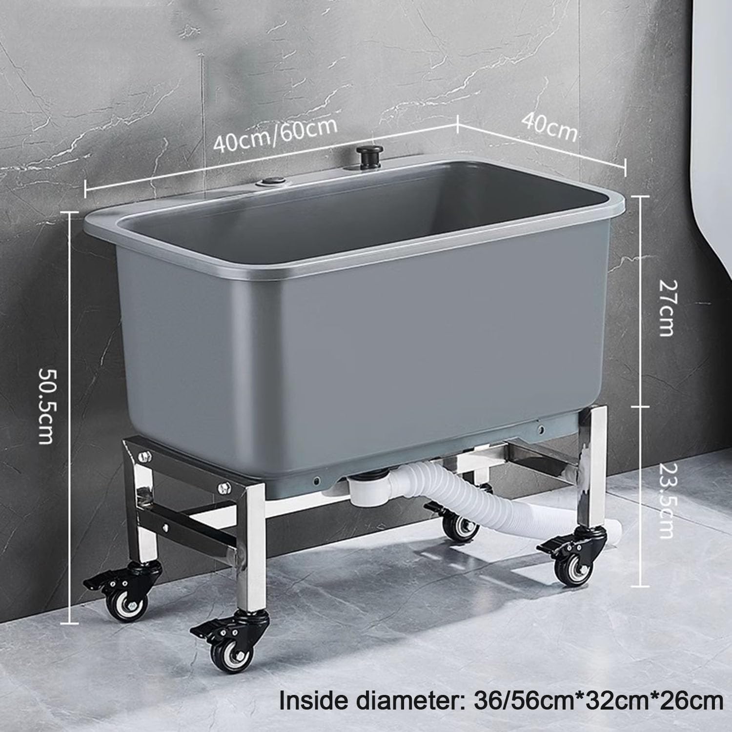 Fregadero de fregona comercial con rodillo de 26 cm de profundidad, fregadero extraíble para fregona de suelo, fregadero de una sola cubeta para lavandería, patio, drenaje incluido