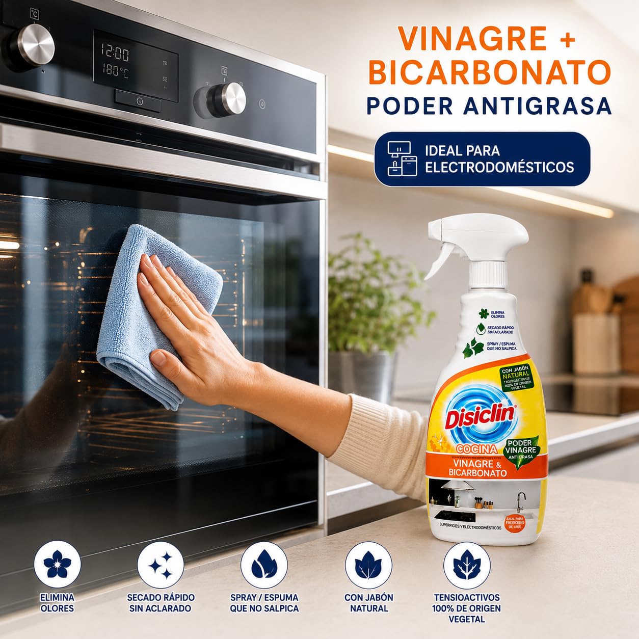 RASMACOR Spray Disclin Cocinas Vinagre y Bicarbonato 720 ml | Pack 12 Unidades | Limpiador Multiusos para Cocina | Limpieza de Encimeras, Campanas, Electrodomésticos y Superficies Lavable