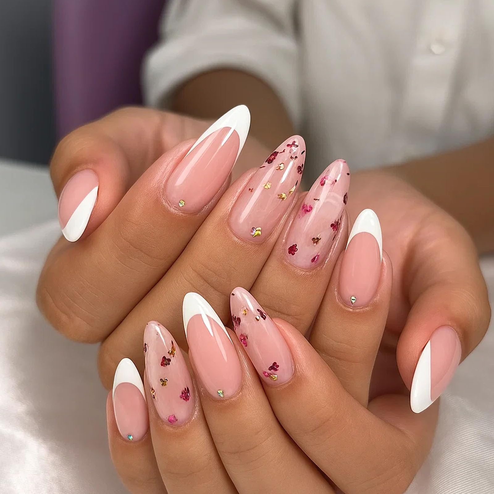 Almond-Shaped French Manicure Press-On Nails With Soft Pink Base & White Tips