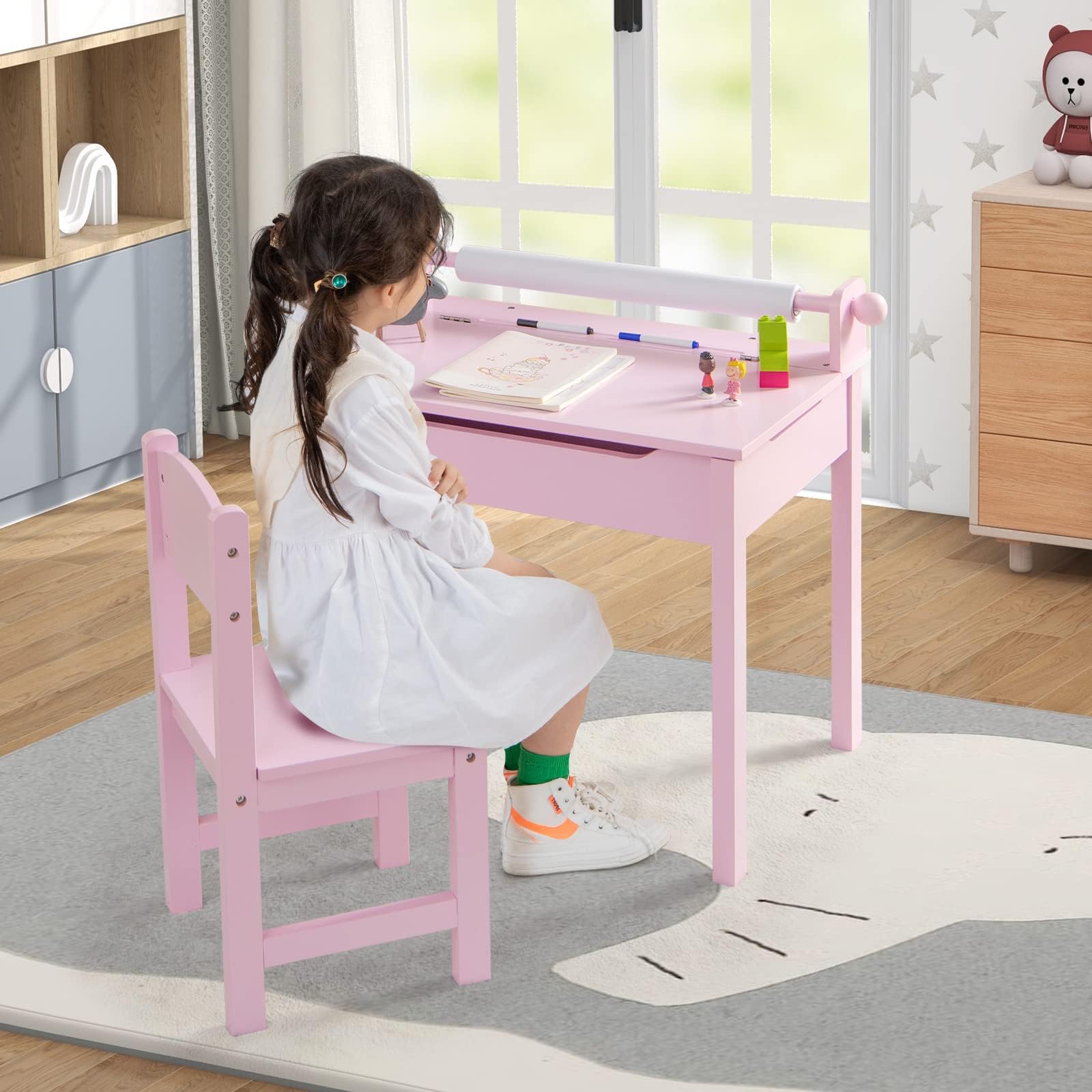 RELAX4LIFE Mesa y Silla de Arte para Niños 3+ Años con Tablero Plegable, Escritorio y Silla de Madera para Niños 60 x 40 x 58 cm con Rollo de Papel y Rotulador (Rosa)