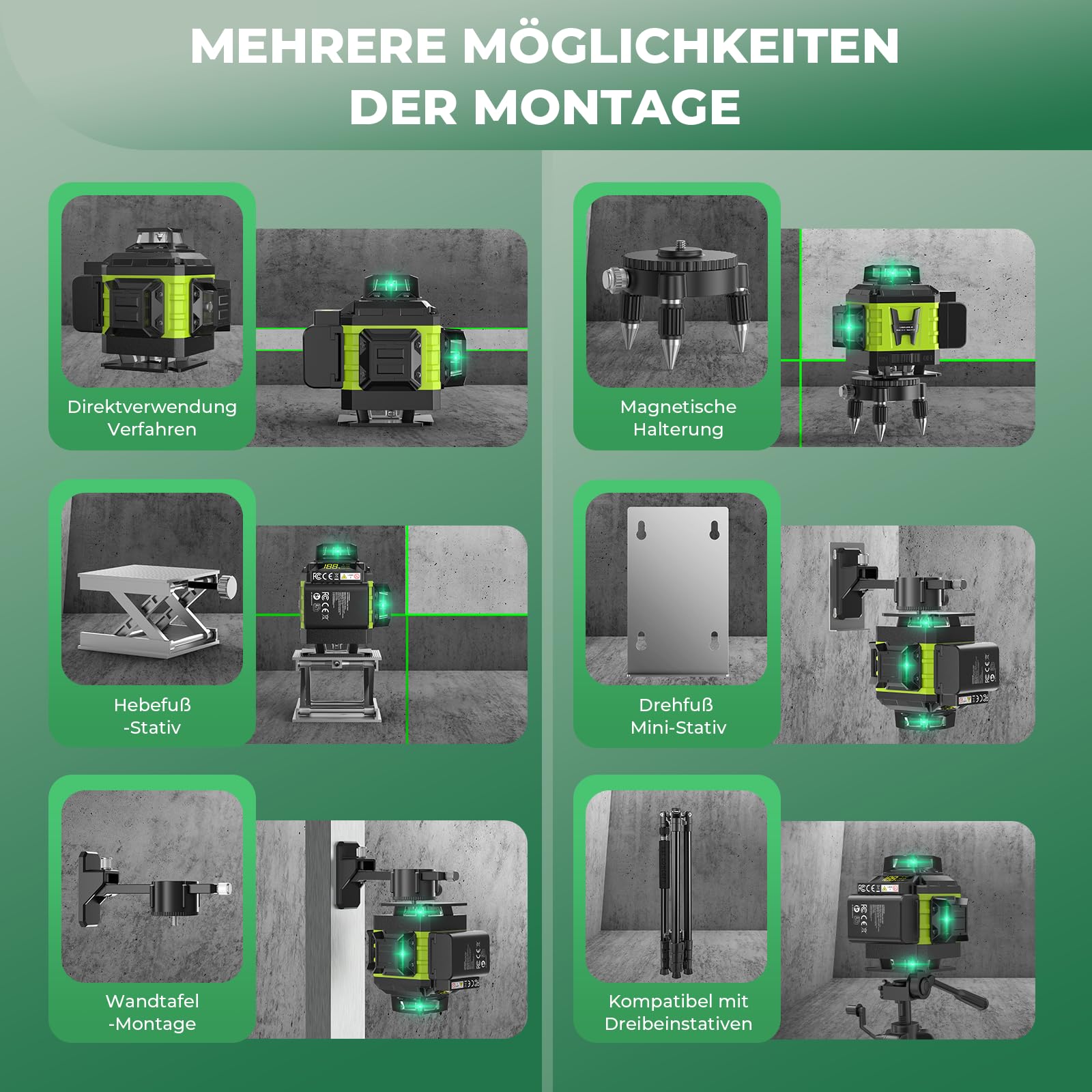 Kreuzlinienlaser Grün 16 Linien Nivellierlaser mit Stativ, 4 x 360 ° Laser wasserwaage, linienlaser kreuzlaser selbstnivellierend für Innenbereich Baustelle, 2 x Batterie Vermessungskabine