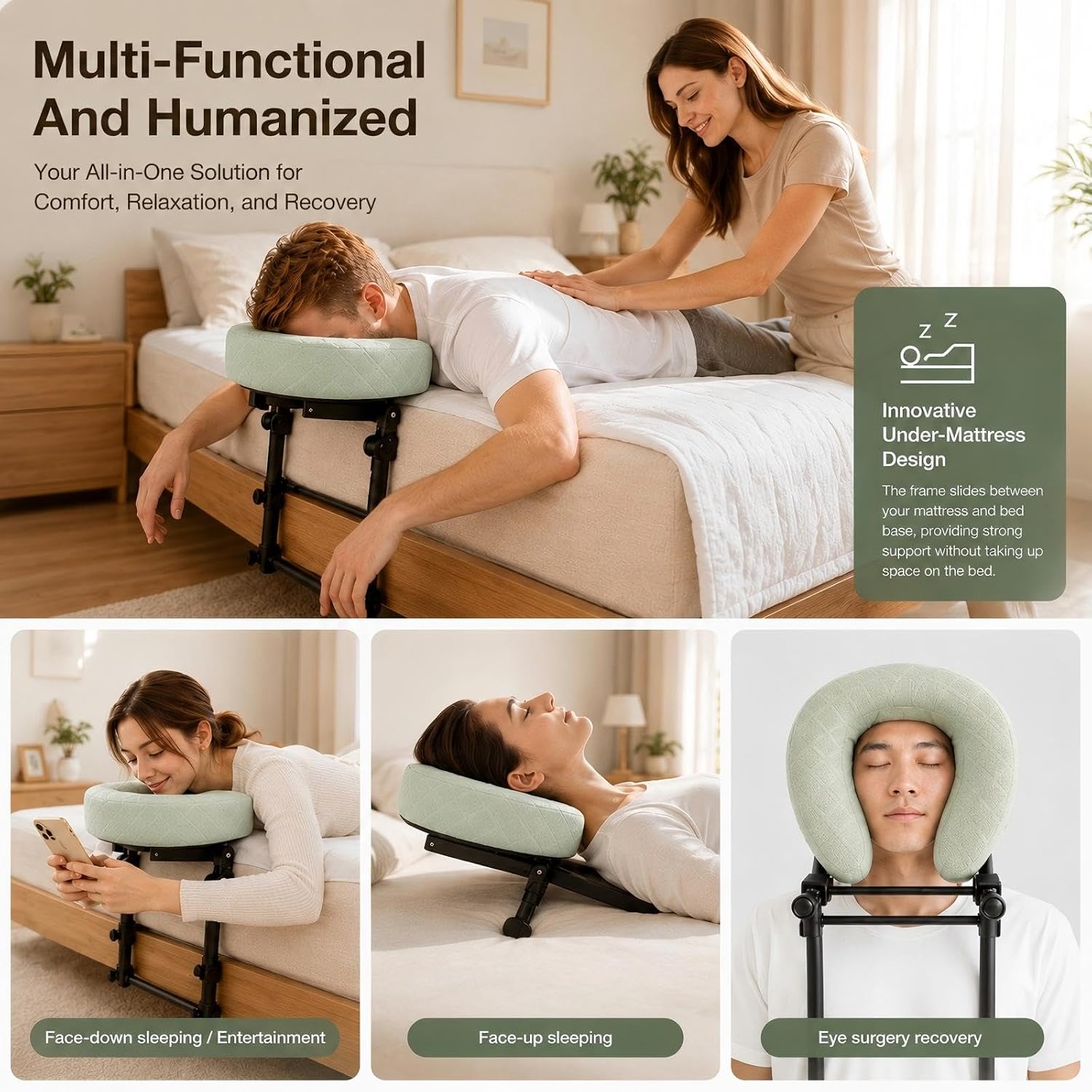 Massage Headrest for Bed, Adjustable Massage Face Cradle at Home, Under-Mattress Bed Massage Head Holder with Memory Foam Face Down Pillow