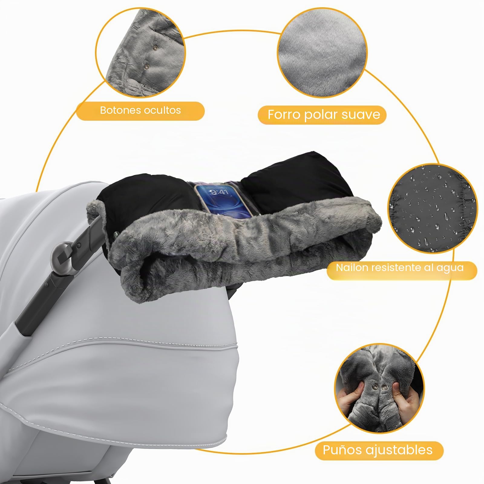 Calienta Manos para Cochecito - Manoplas para Carrito de Bebé - Guantes Impermeables y Cortaviento con Forro Polar - Accesorio de Invierno para Cochecito, Silla de Paseo y Remolque de Bicicleta