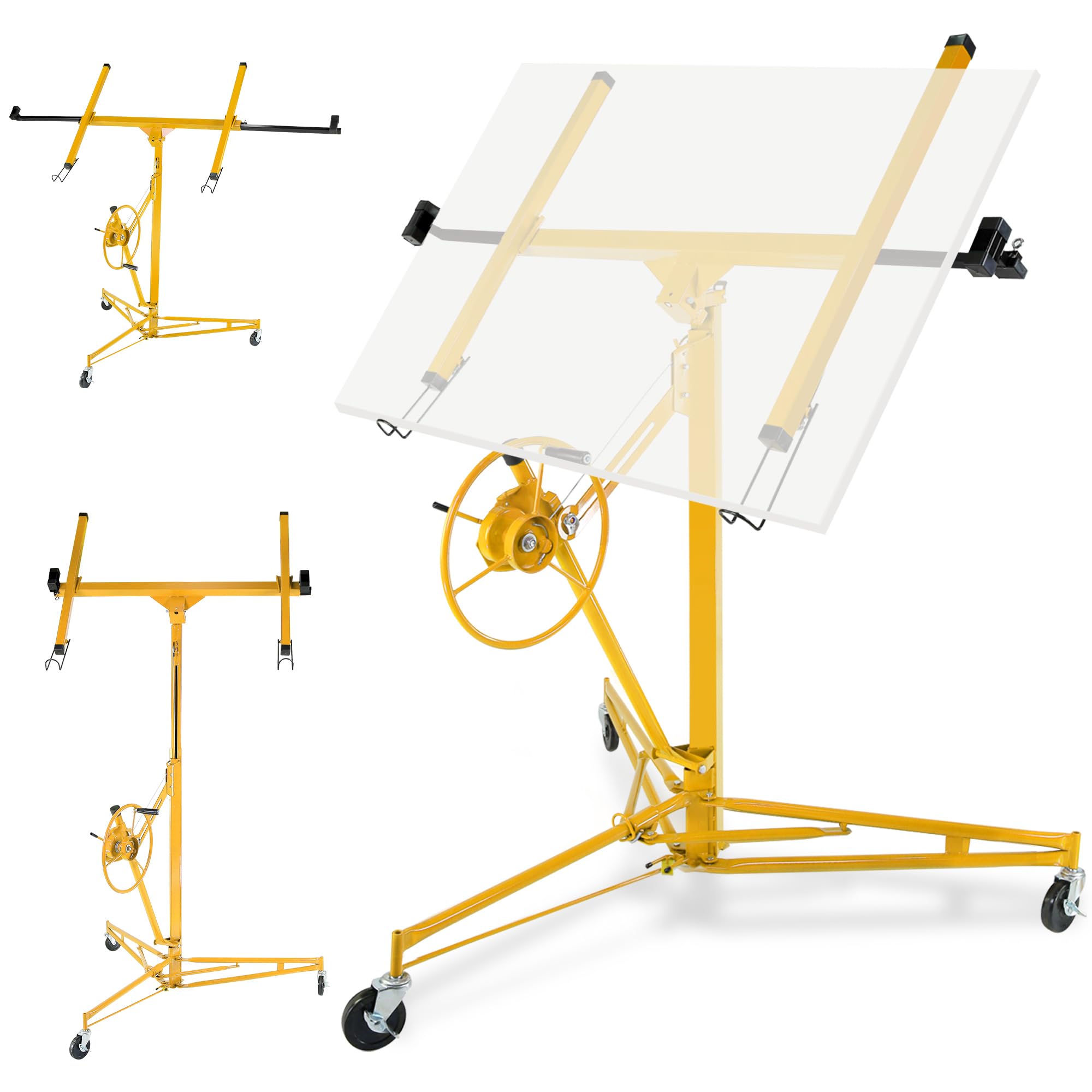 Drywall Lift 11FT, 150lb Capacity Heavy Duty Sheetrock Hoist w/Telescopic Arm &amp; Locking Wheels, Steel Panel Lifter for Ceiling, Construction, One-Person Drywall Installation