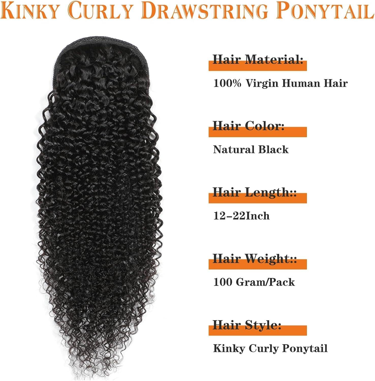 Datanala Kinky Curly Ponytail Extensions Brazilian Virgin Curly Human Hair Drawstring Ponytail Clip in Hair Extensions Natural Black Color(18inch Kinky Curly Ponytail) - Image 2