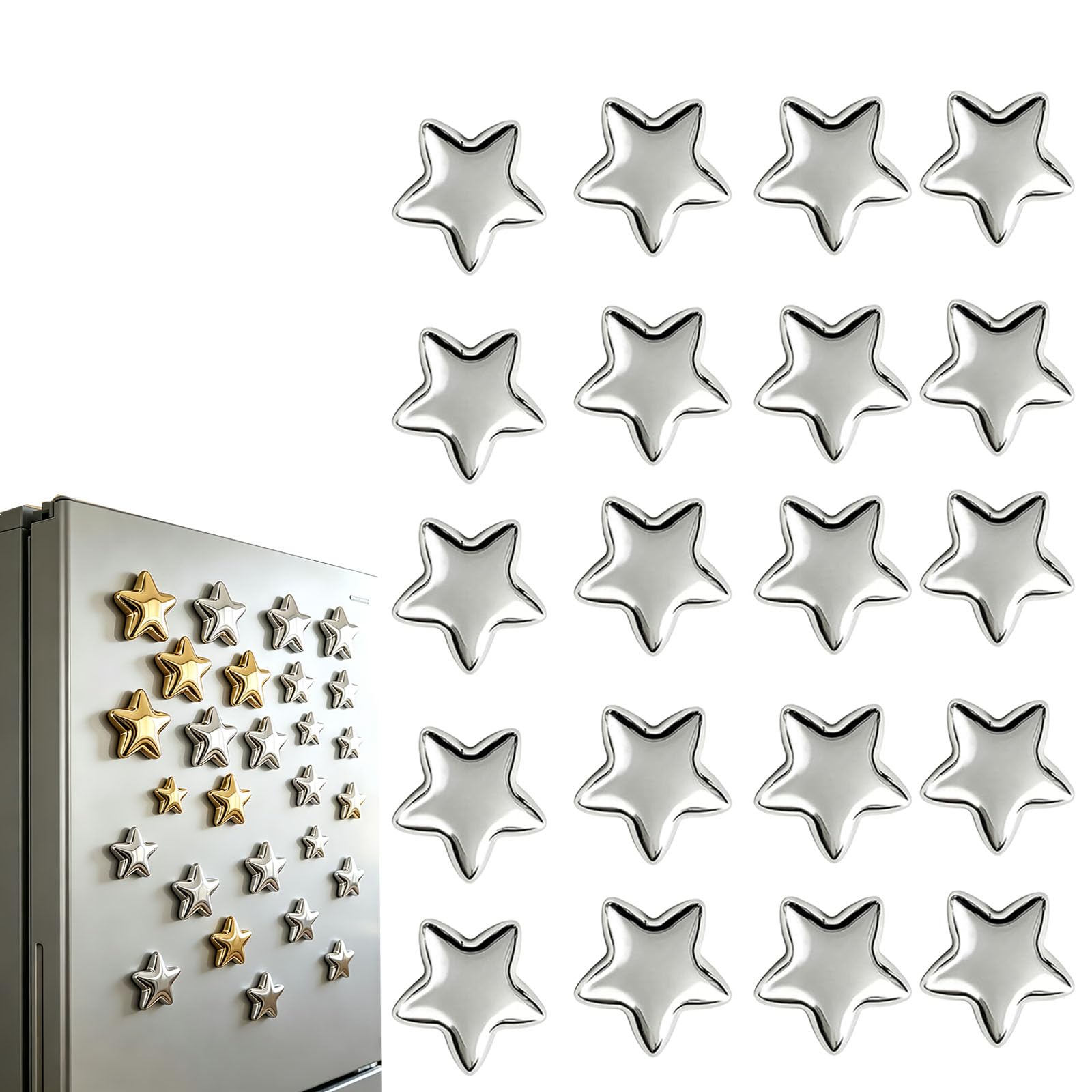 Star Magnets for Fridge, Cute Star Magnets with Strong Hold, Decorative Stars Refrigerator Magnets for Kitchen, Office, Locker, Whiteboard, Memo Board (Silver,20Pcs)